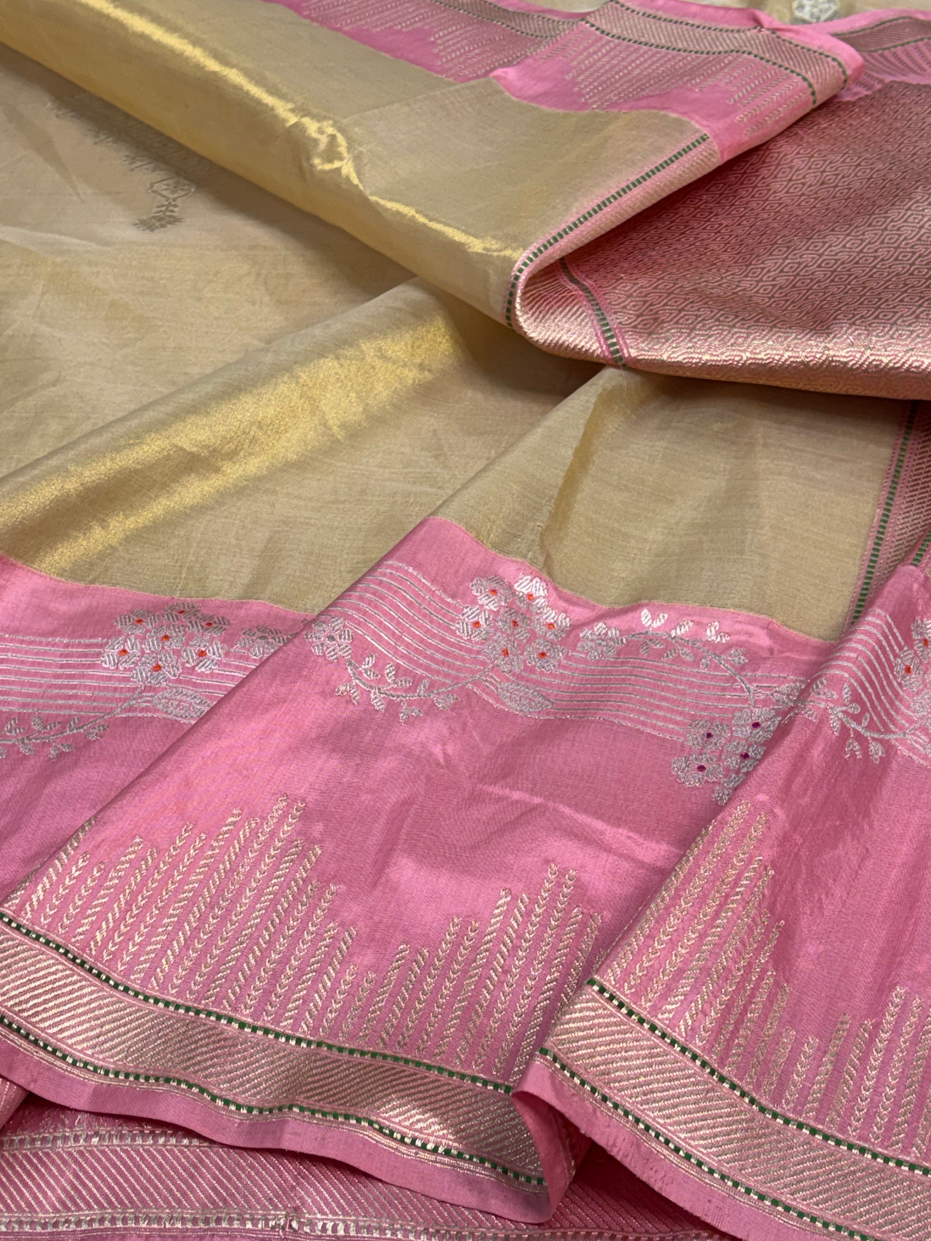 Goldish Tissue Handwoven Banarasi Saree with Baby Pink Katan Silk Border