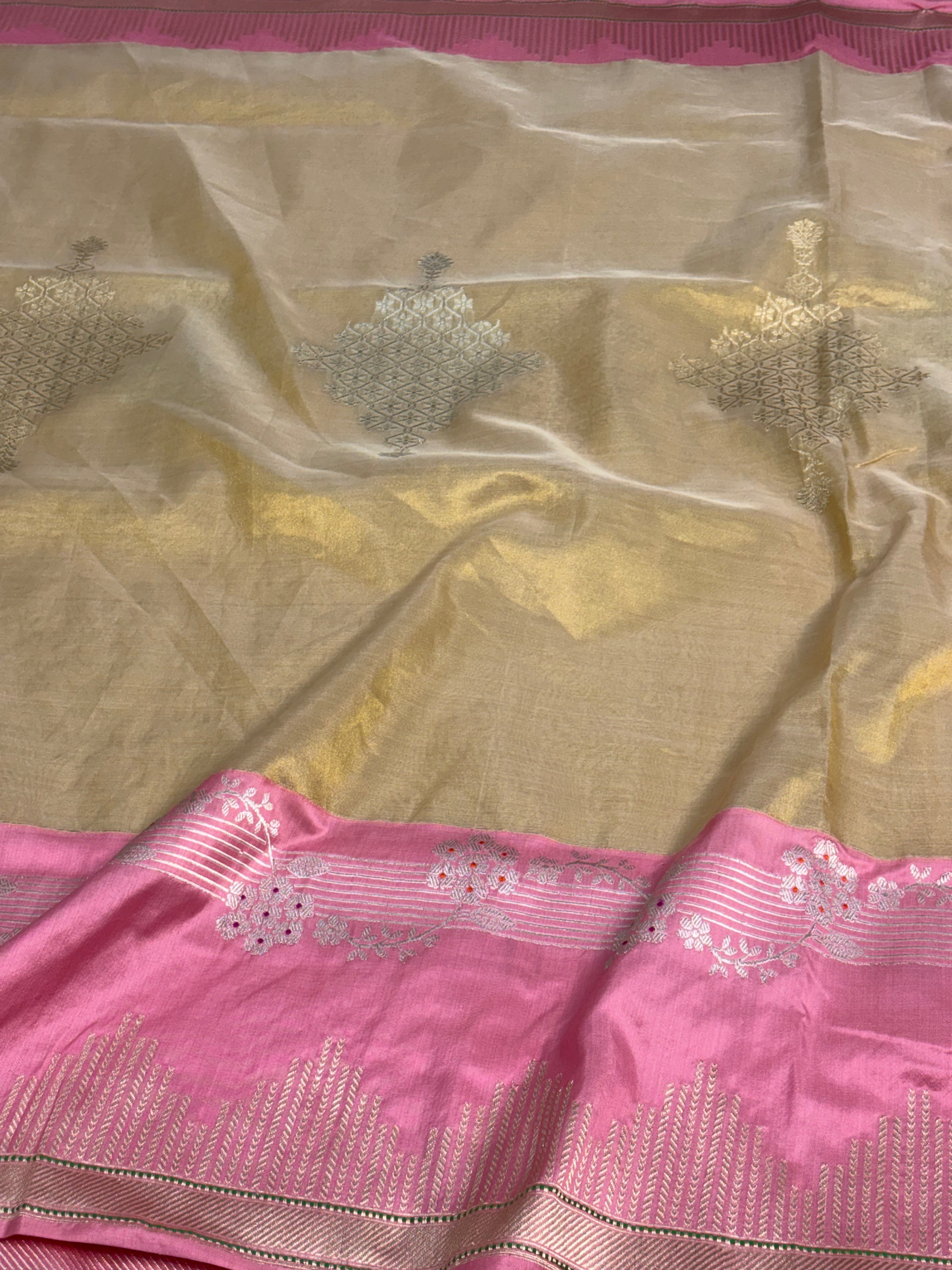 Goldish Tissue Handwoven Banarasi Saree with Baby Pink Katan Silk Border