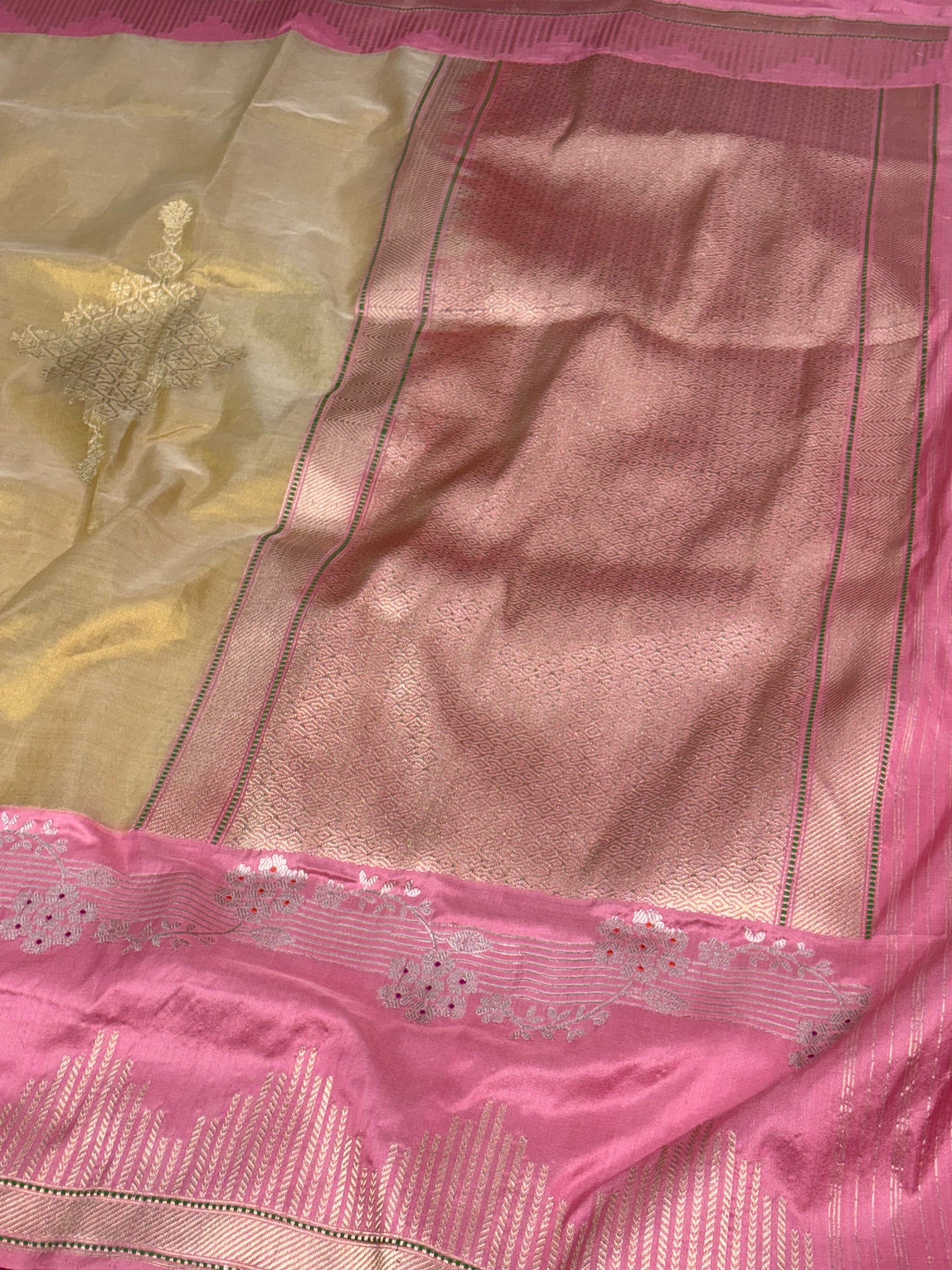 Goldish Tissue Handwoven Banarasi Saree with Baby Pink Katan Silk Border