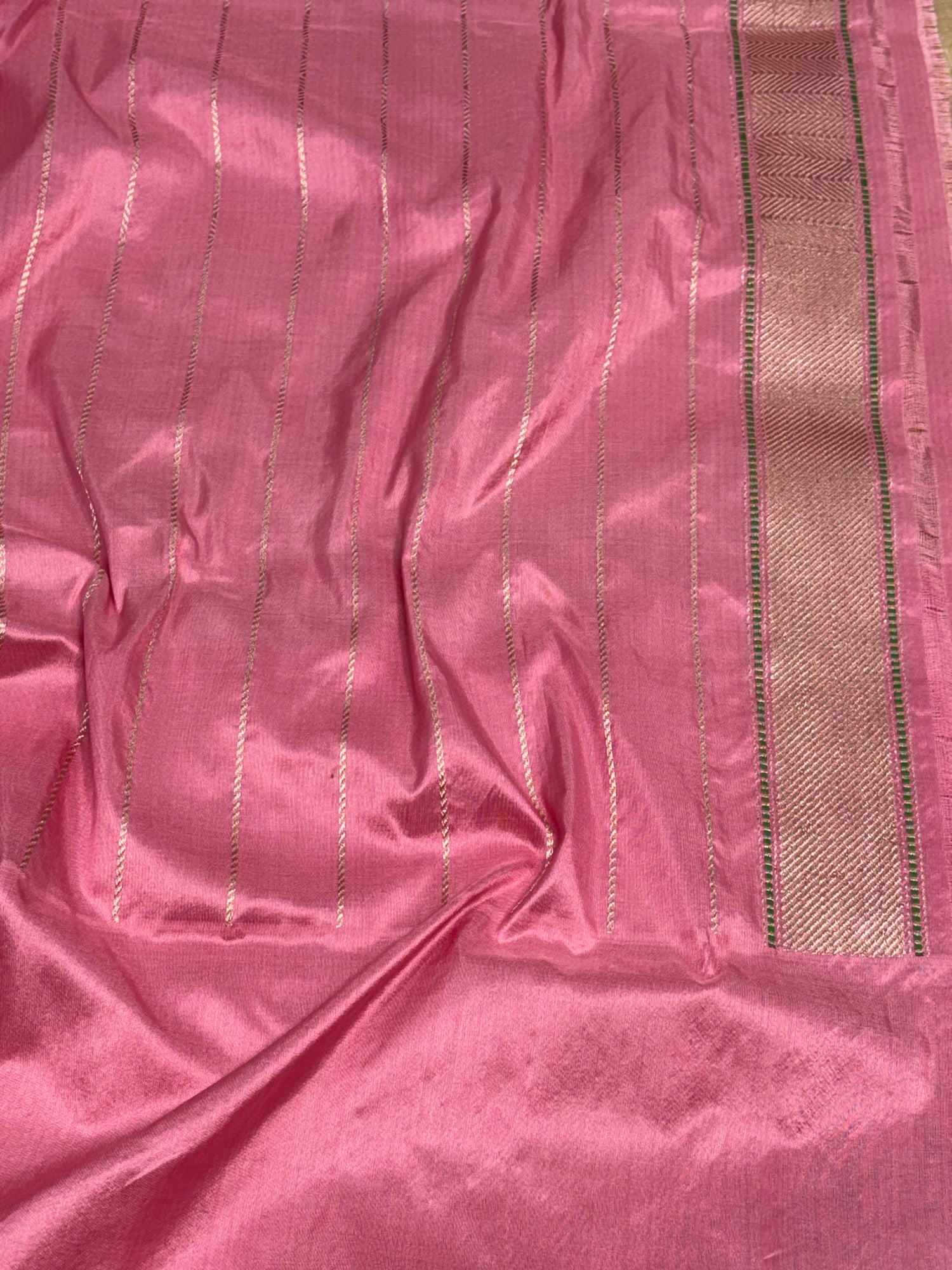 Goldish Tissue Handwoven Banarasi Saree with Baby Pink Katan Silk Border