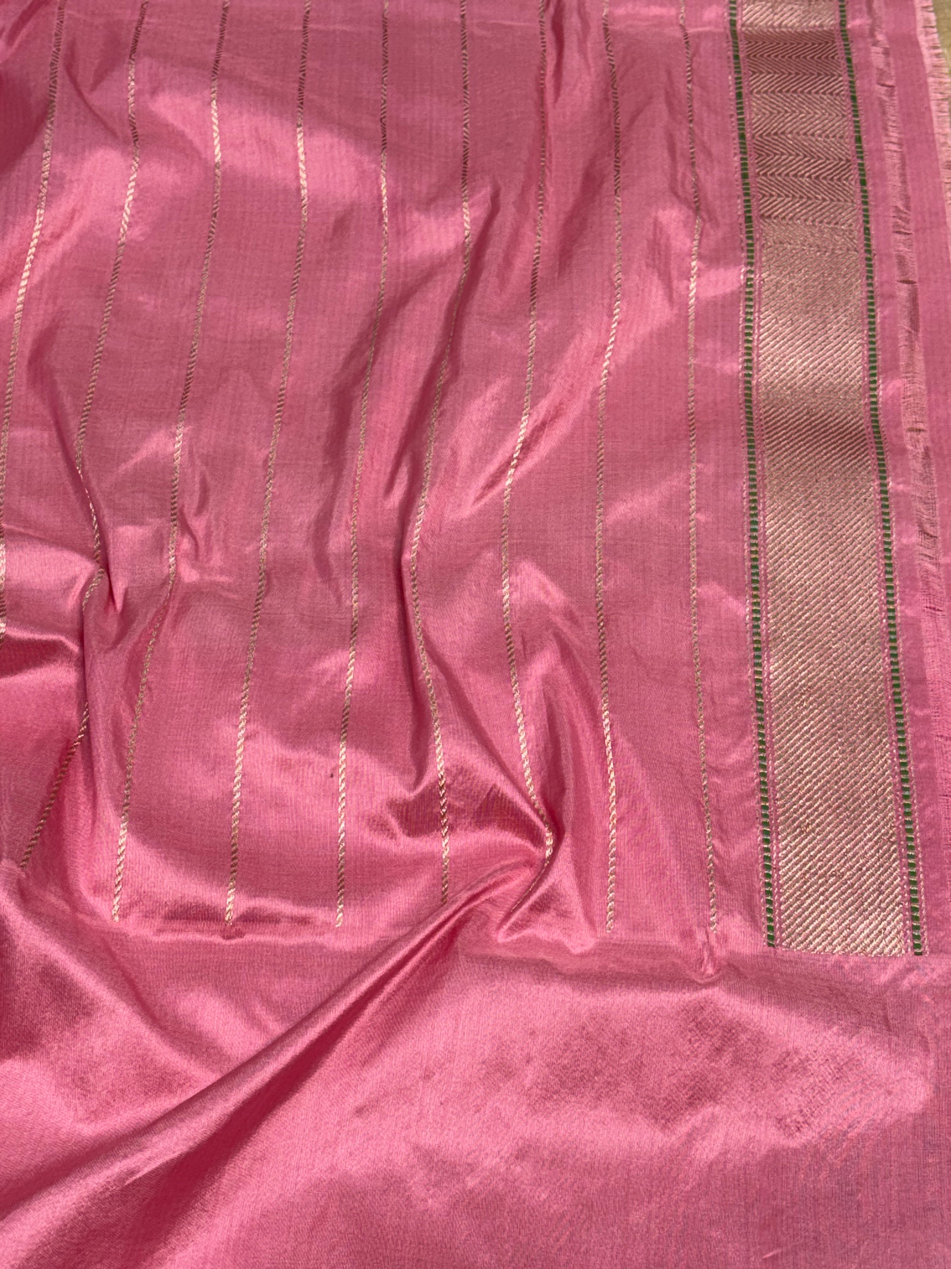 Goldish Tissue Handwoven Banarasi Saree with Baby Pink Katan Silk Border