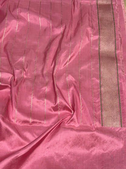Goldish Tissue Handwoven Banarasi Saree with Baby Pink Katan Silk Border