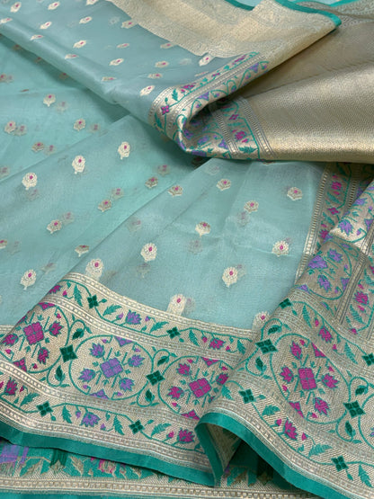 Sea Green Pure Kora Silk Handwoven Banarasi Saree with Meenakari Border and Pallu
