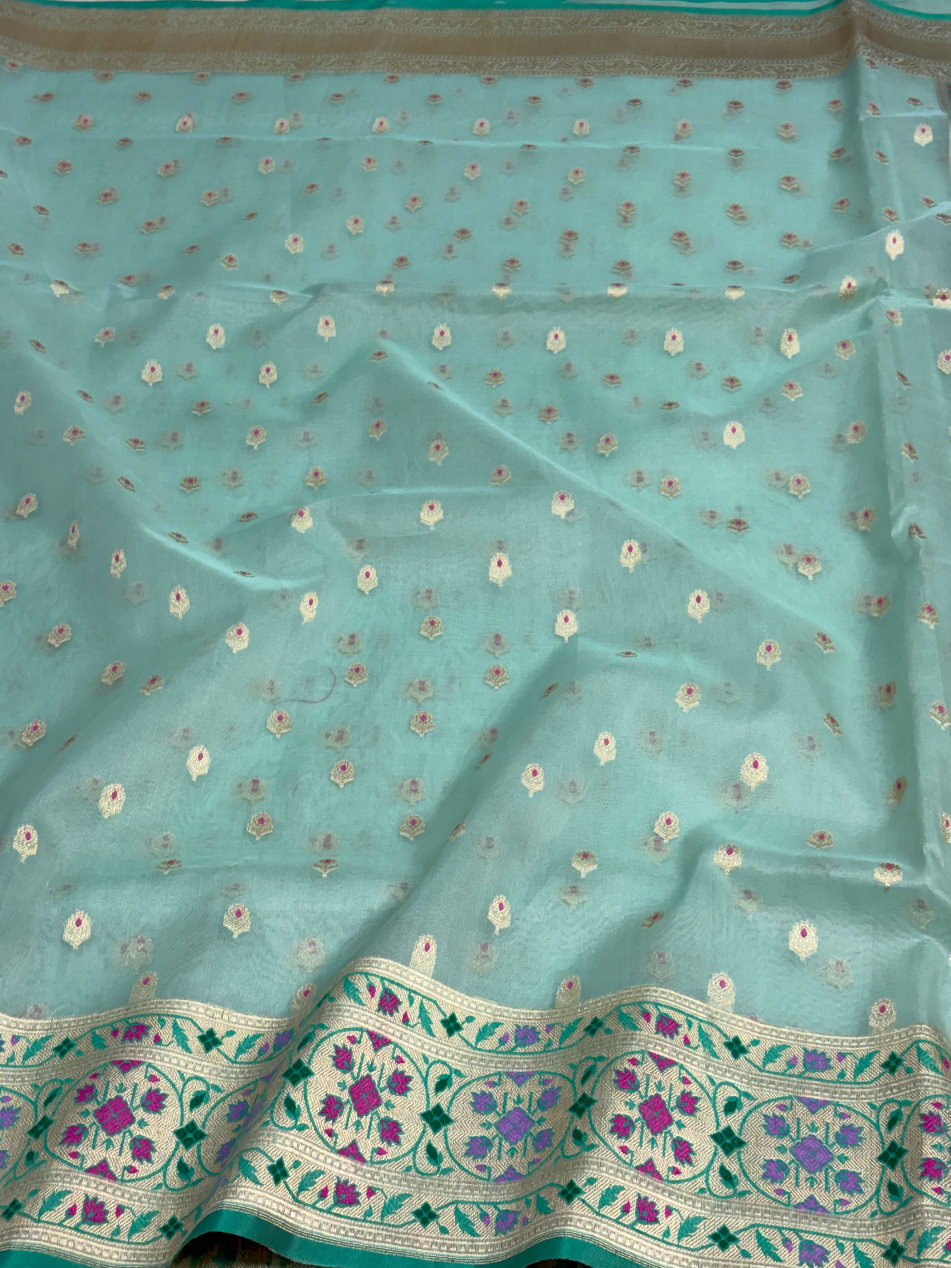 Sea Green Pure Kora Silk Handwoven Banarasi Saree with Meenakari Border and Pallu