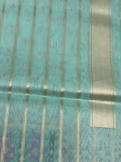 Sea Green Pure Kora Silk Handwoven Banarasi Saree with Meenakari Border and Pallu