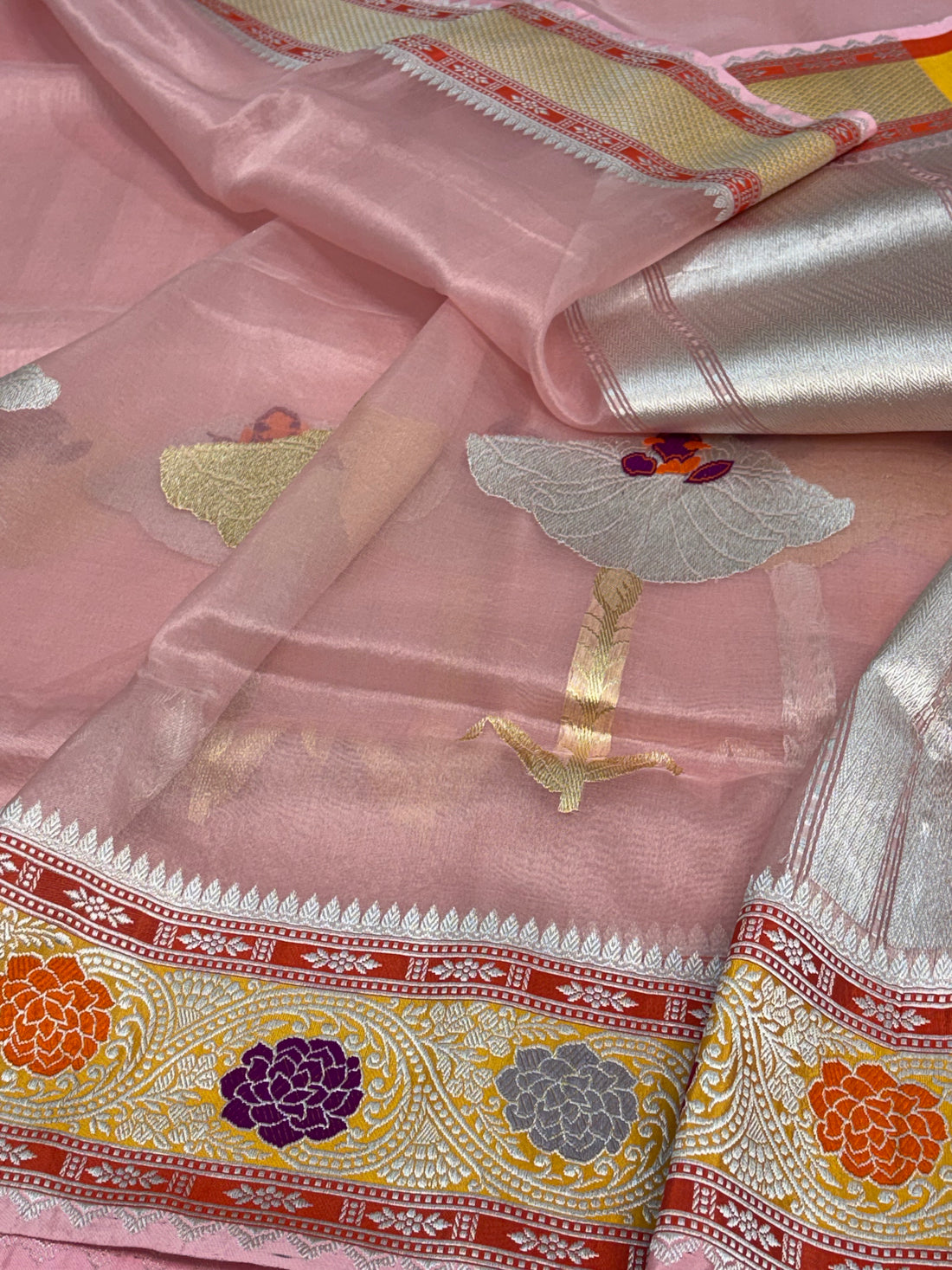 Baby Pink Pure Kora Banarasi Saree with Katan Silk Meenakari Border