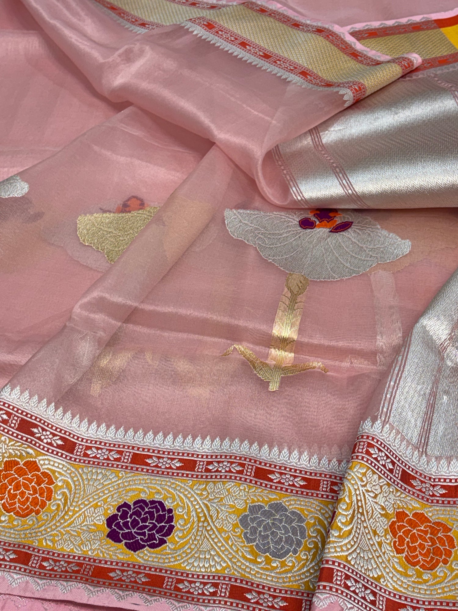 Baby Pink Pure Kora Banarasi Saree with Katan Silk Meenakari Border
