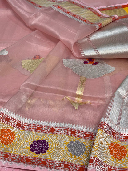 Baby Pink Pure Kora Banarasi Saree with Katan Silk Meenakari Border