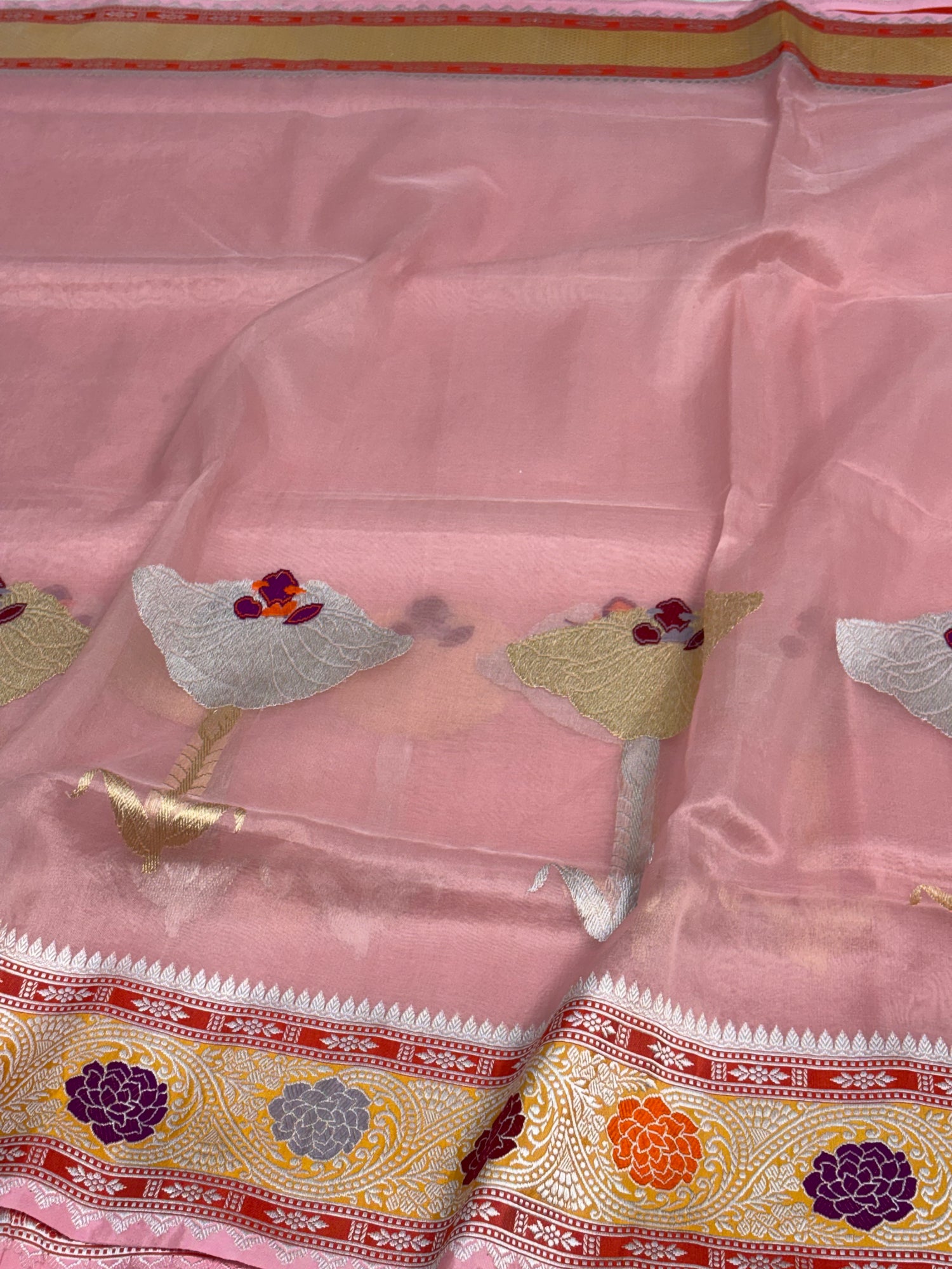Baby Pink Pure Kora Banarasi Saree with Katan Silk Meenakari Border