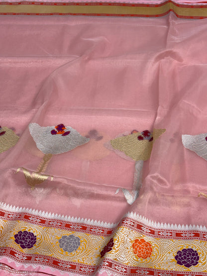 Baby Pink Pure Kora Banarasi Saree with Katan Silk Meenakari Border