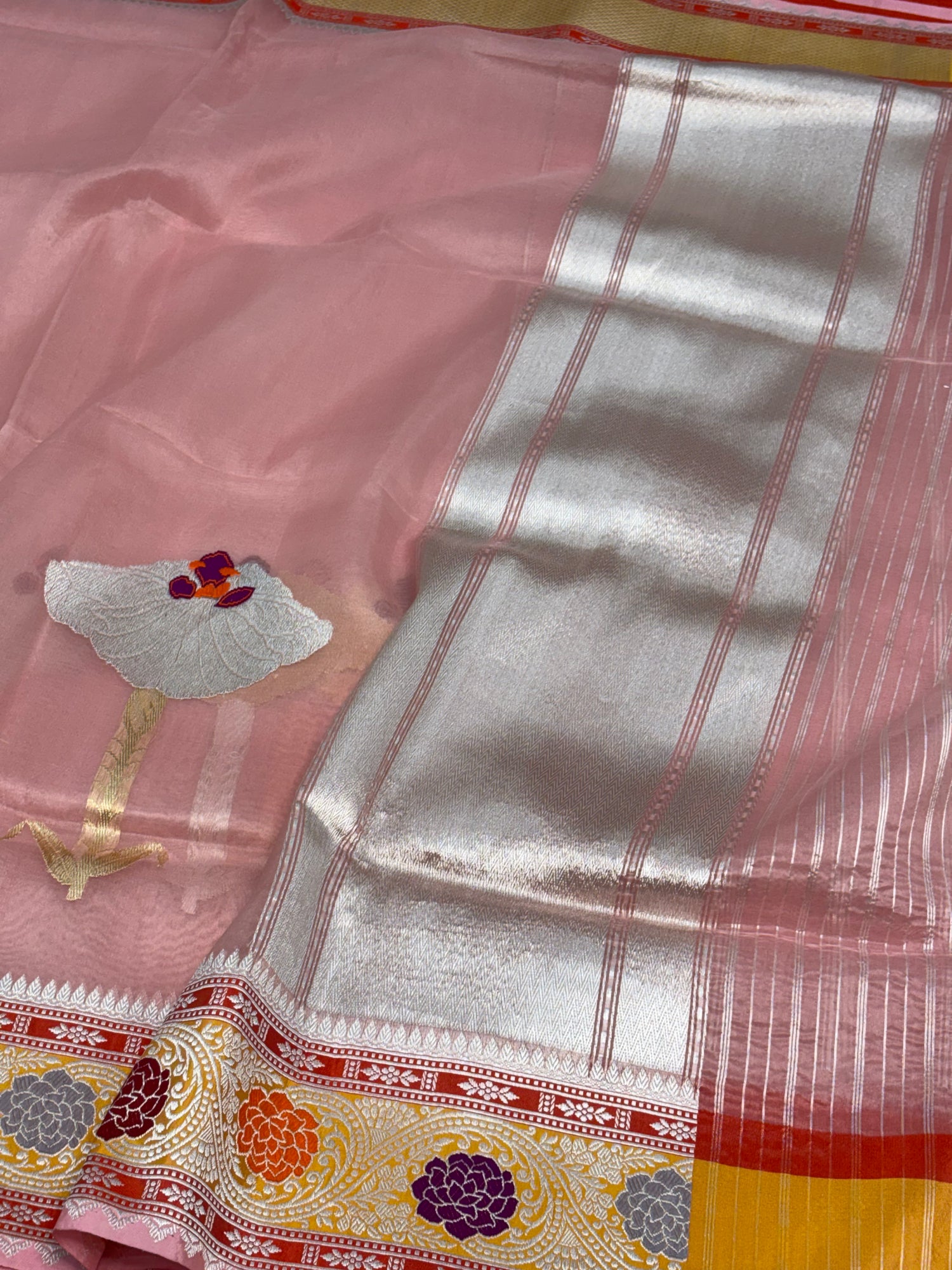 Baby Pink Pure Kora Banarasi Saree with Katan Silk Meenakari Border