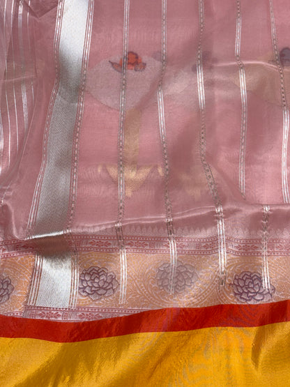 Baby Pink Pure Kora Banarasi Saree with Katan Silk Meenakari Border