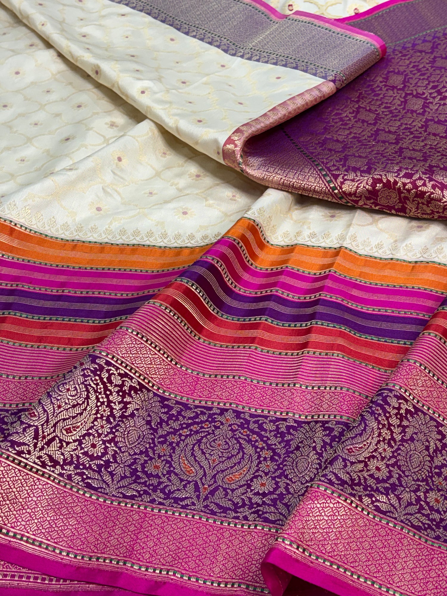 Ivory White Pure Katan Silk Ektara Banarasi Saree with Pink Kadhial Border