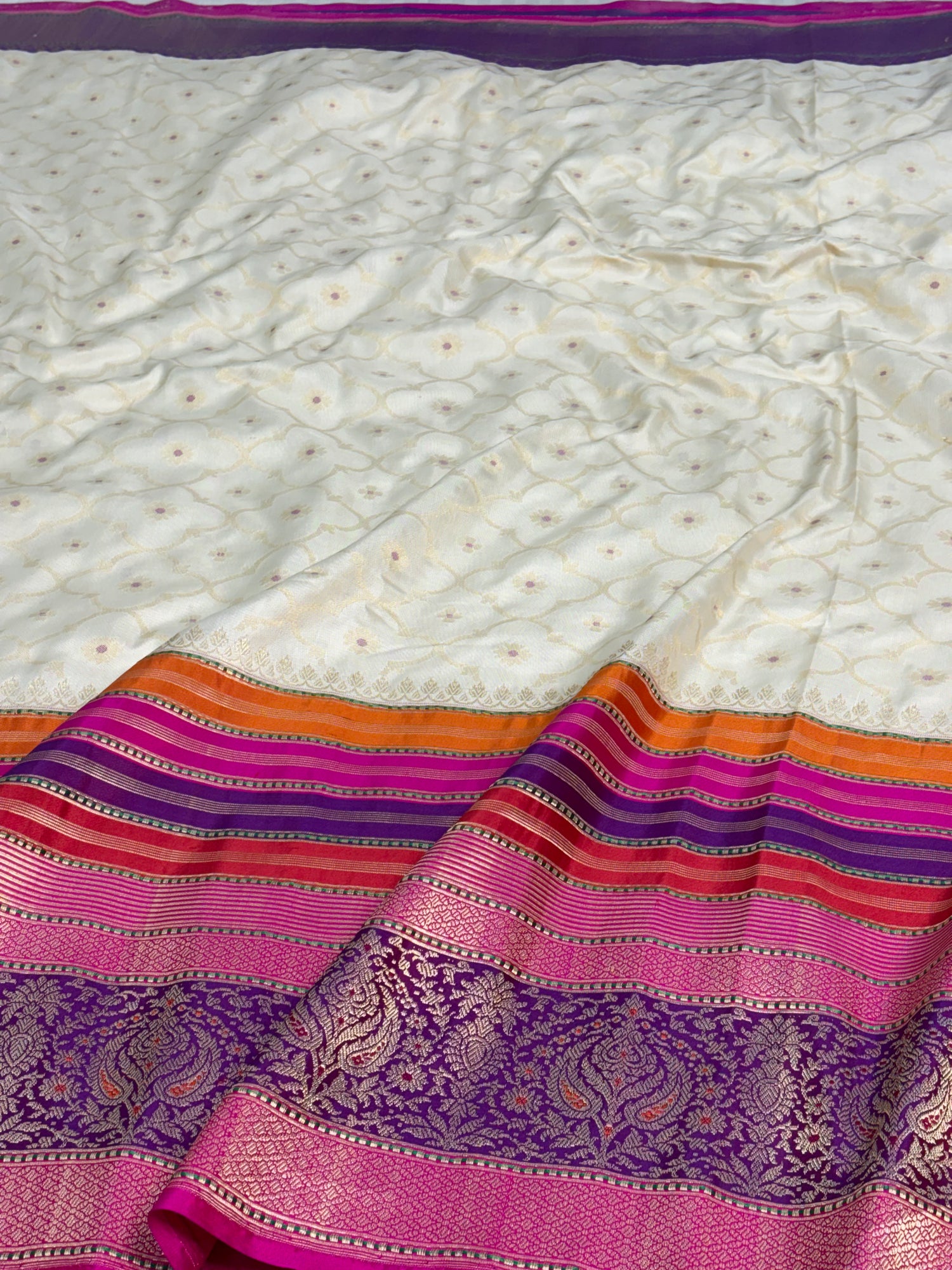 Ivory White Pure Katan Silk Ektara Banarasi Saree with Pink Kadhial Border
