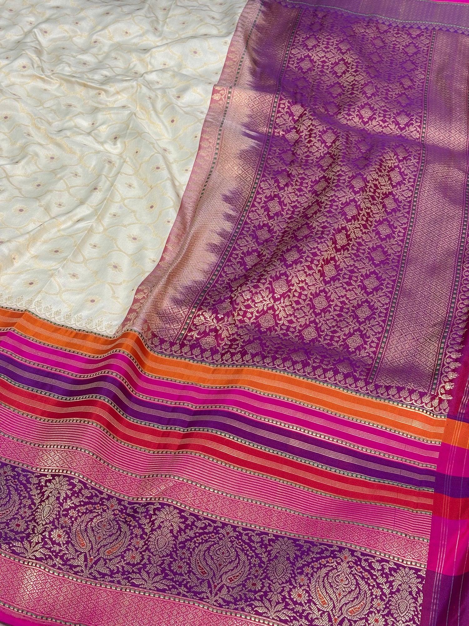 Ivory White Pure Katan Silk Ektara Banarasi Saree with Pink Kadhial Border