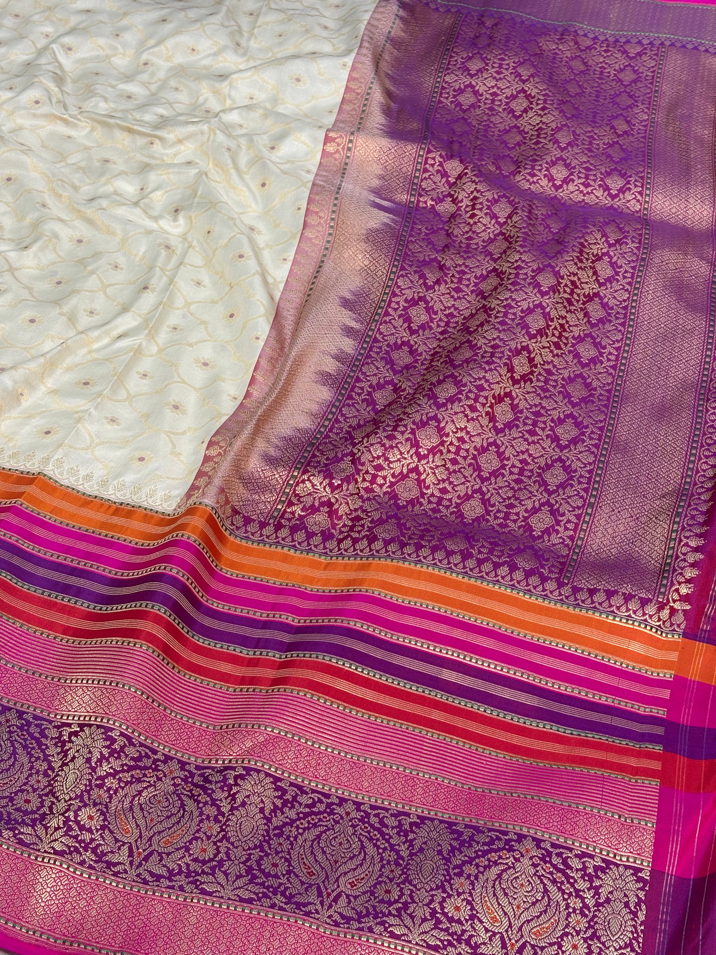 Ivory White Pure Katan Silk Ektara Banarasi Saree with Pink Kadhial Border