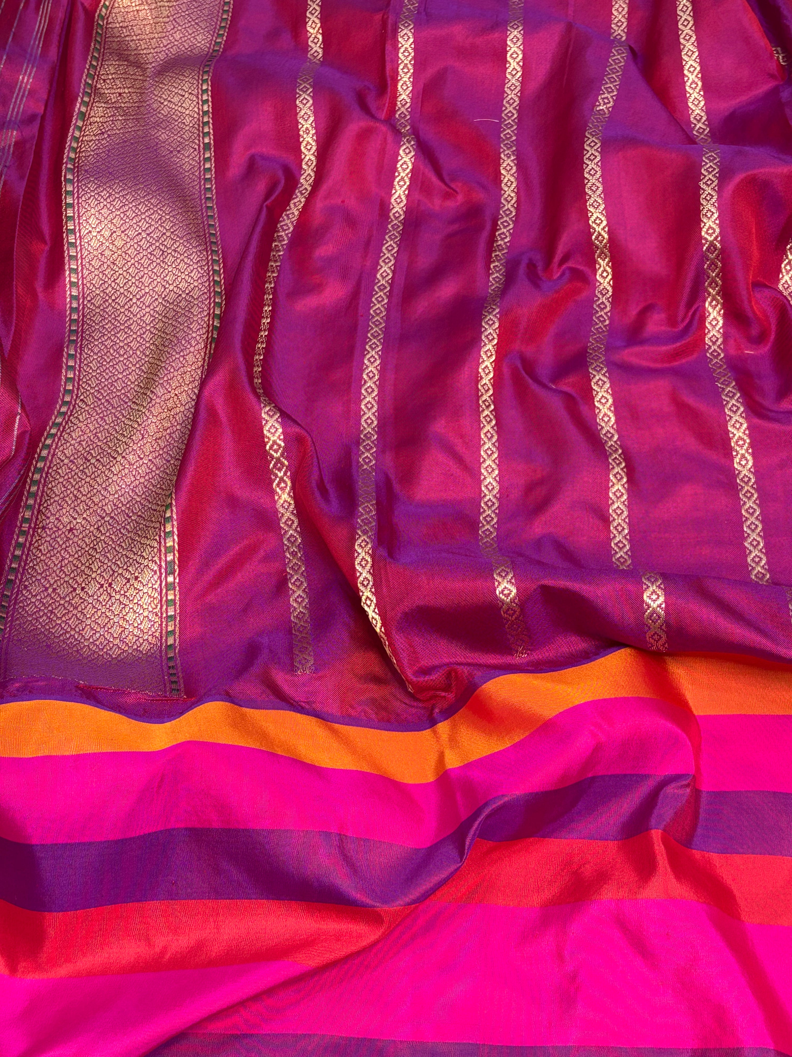 Ivory White Pure Katan Silk Ektara Banarasi Saree with Pink Kadhial Border