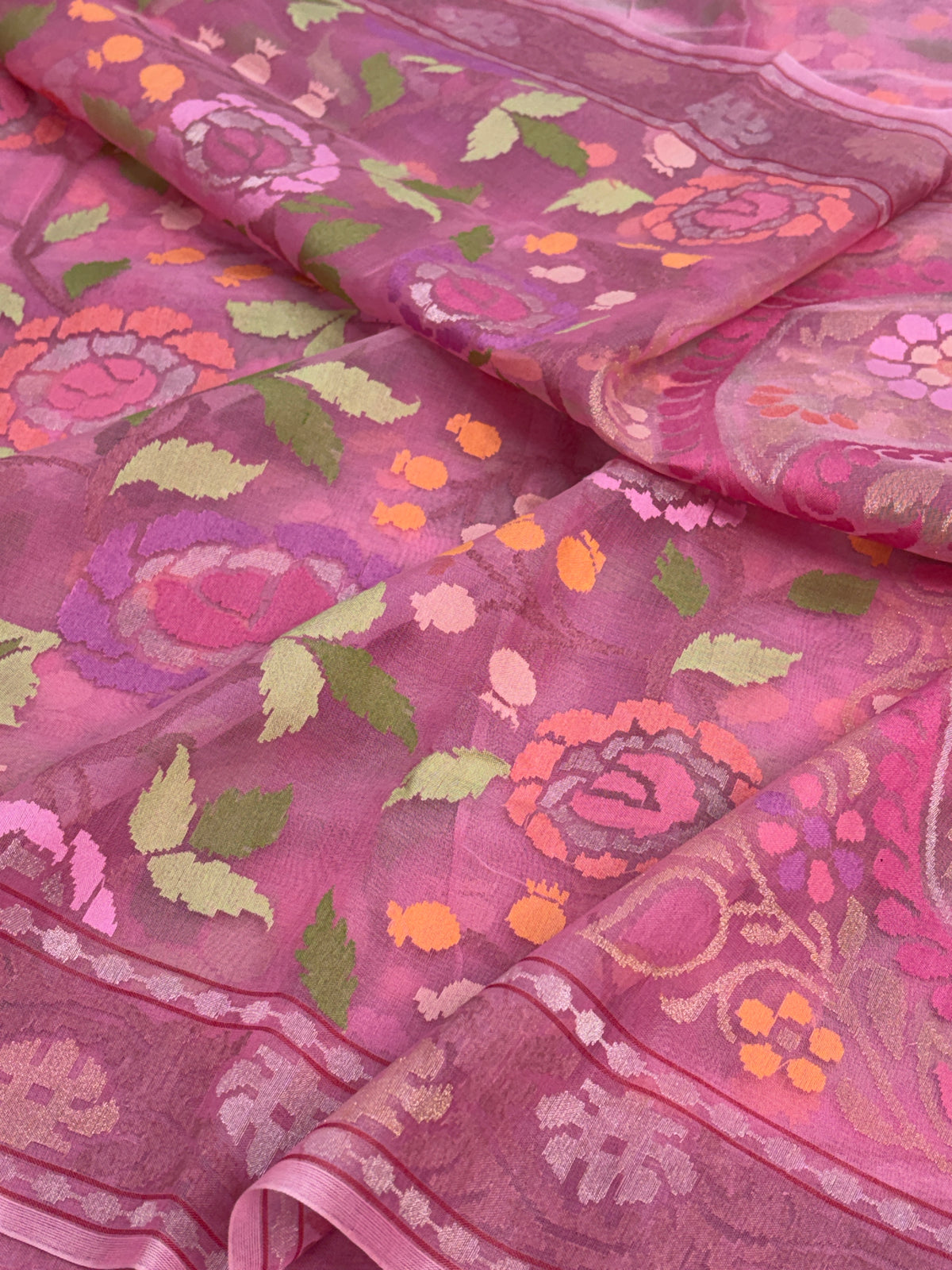 Baby Pink Handwoven Real Gold &amp; Silver Kora Jamdani Saree