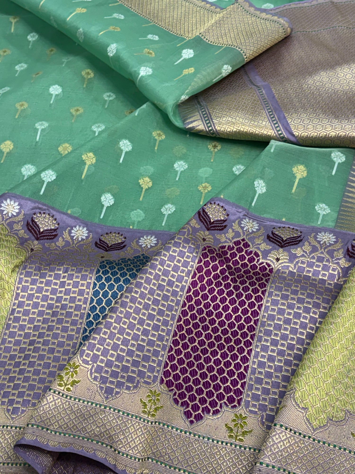 Pure Kora Ektara Banarasi Saree with Multicolor Rangkat Kadhial Katan Silk Border
