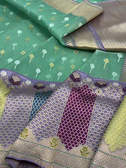 Pure Kora Ektara Banarasi Saree with Multicolor Rangkat Kadhial Katan Silk Border