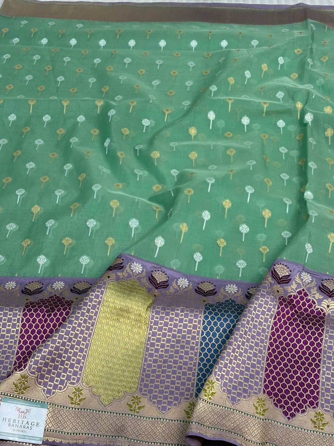 Pure Kora Ektara Banarasi Saree with Multicolor Rangkat Kadhial Katan Silk Border
