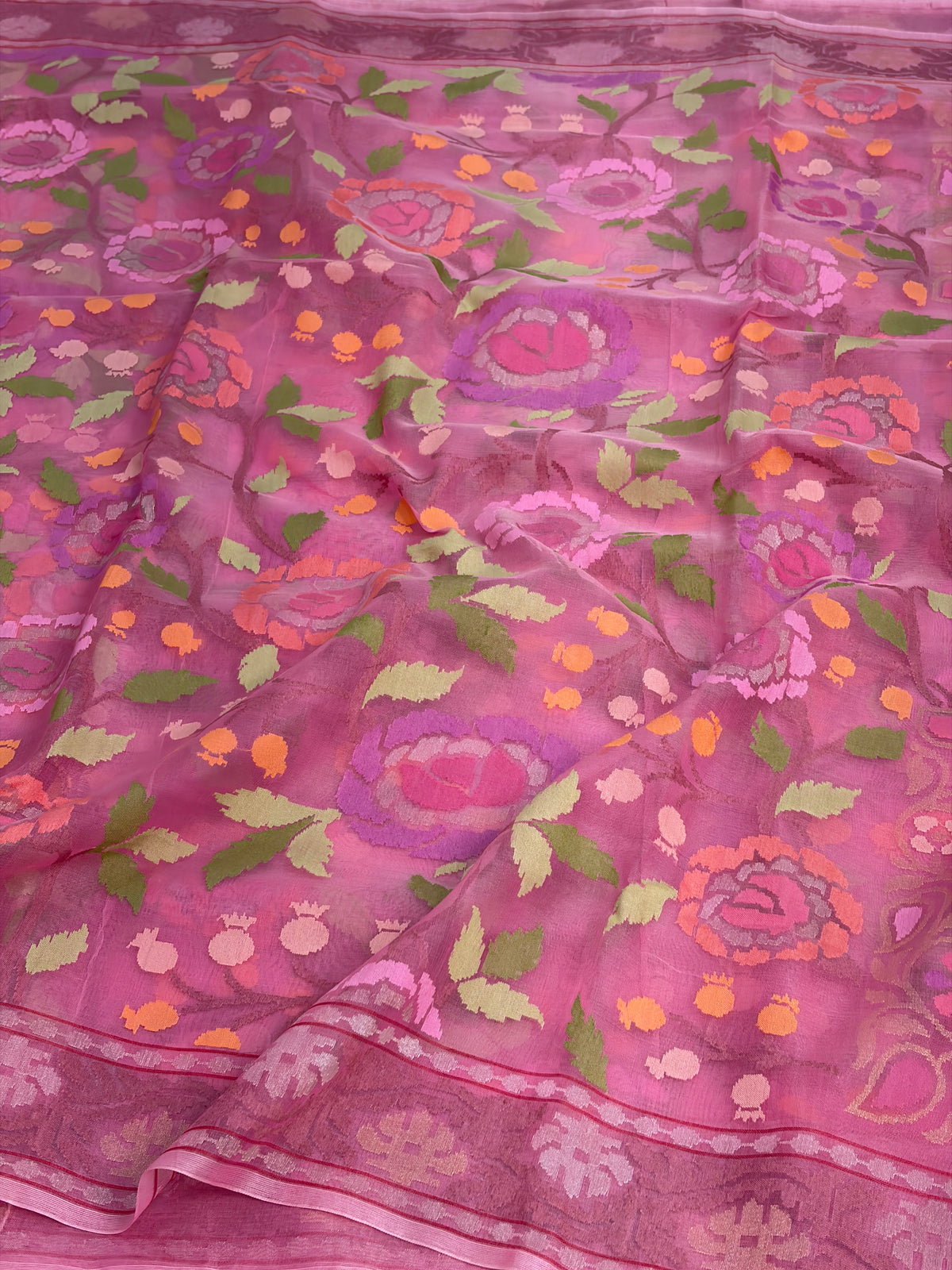 Baby Pink Handwoven Real Gold &amp; Silver Kora Jamdani Saree