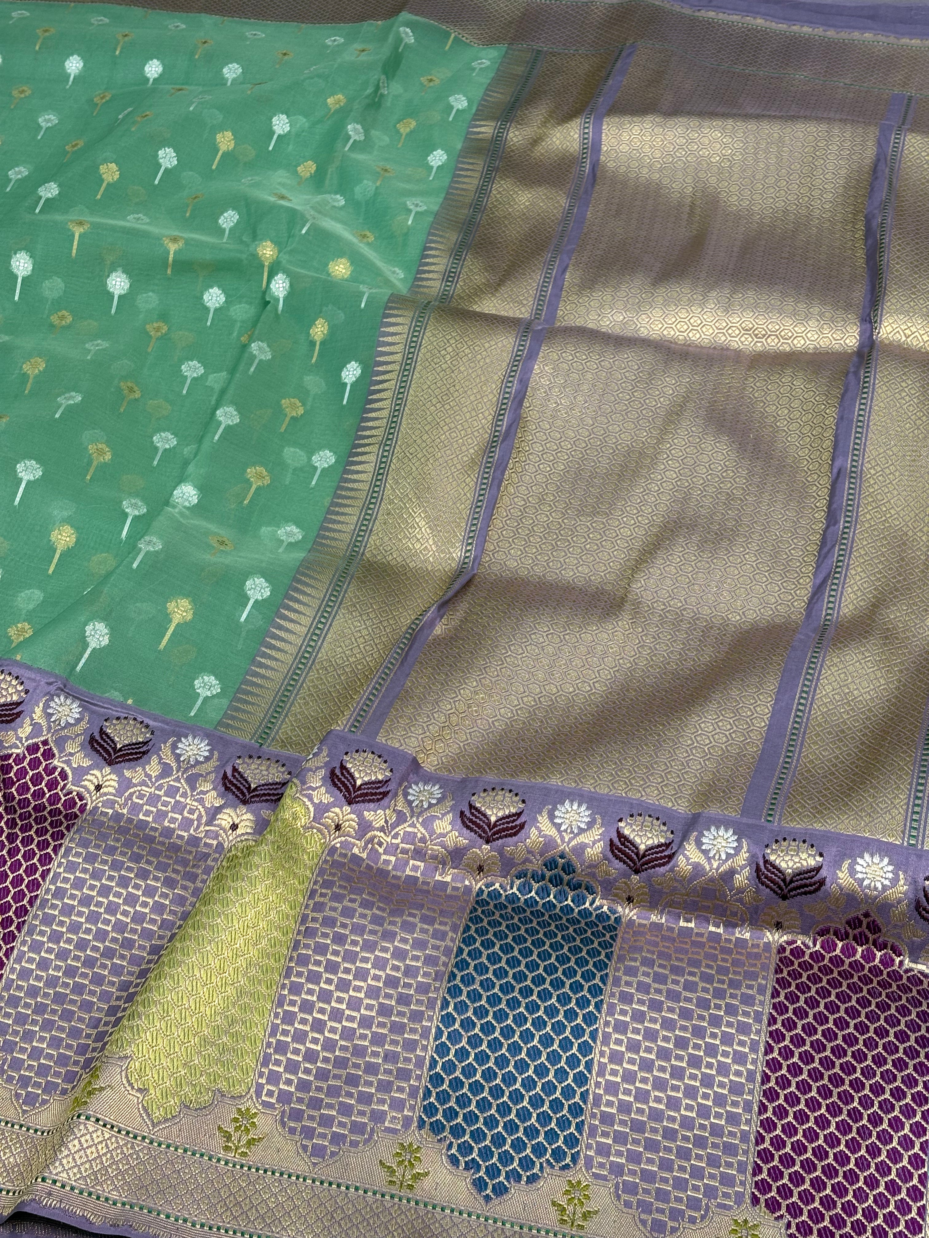Pure Kora Ektara Banarasi Saree with Multicolor Rangkat Kadhial Katan Silk Border