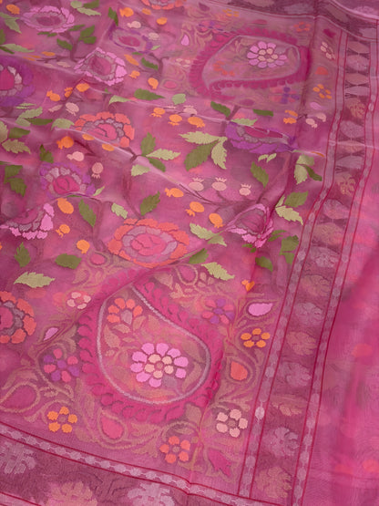 Baby Pink Handwoven Real Gold &amp; Silver Kora Jamdani Saree