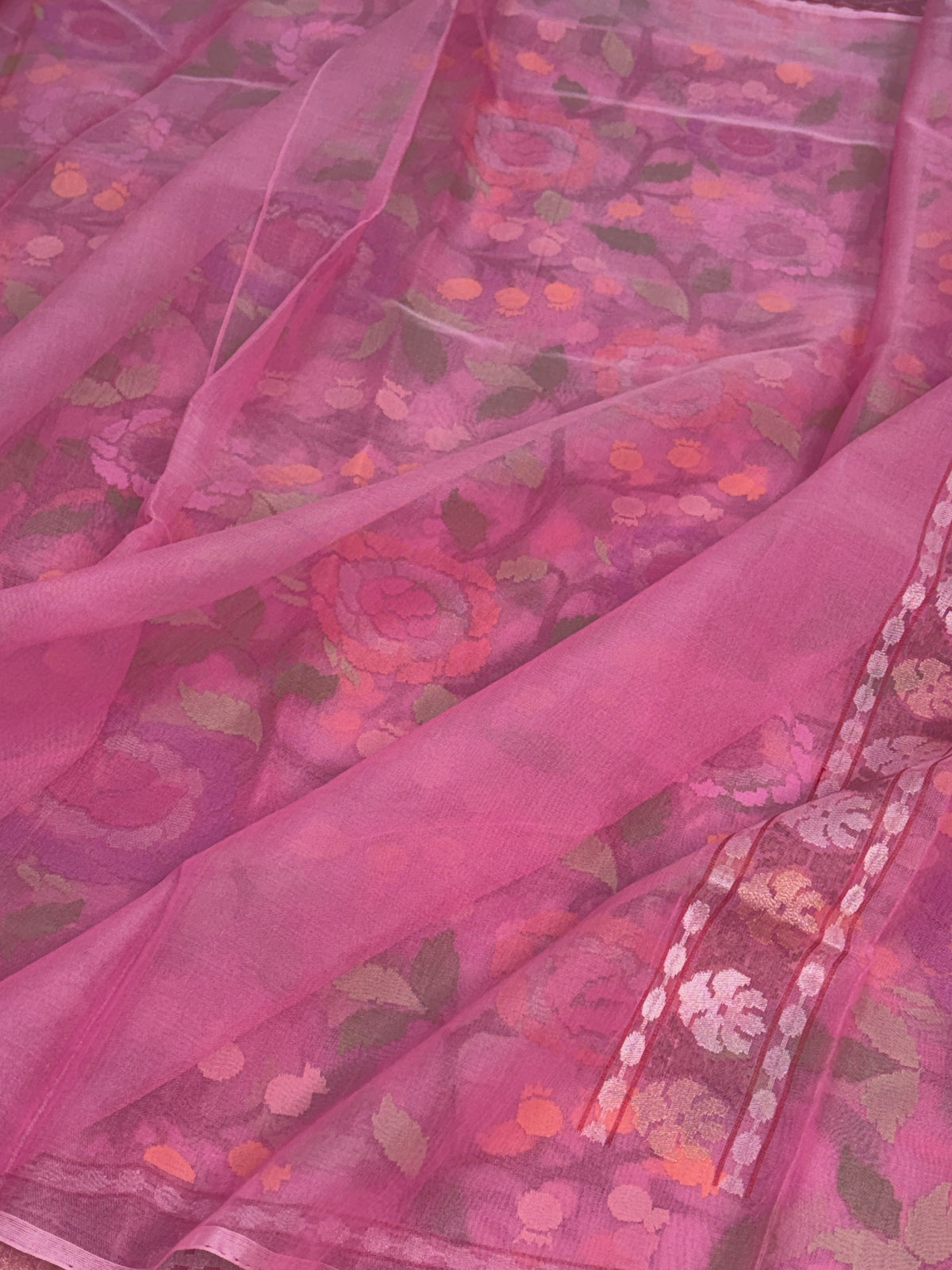Baby Pink Handwoven Real Gold &amp; Silver Kora Jamdani Saree