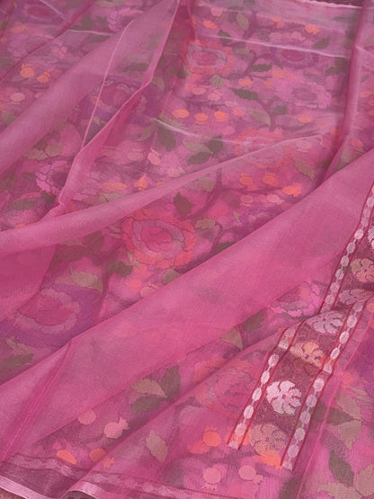 Baby Pink Handwoven Real Gold &amp; Silver Kora Jamdani Saree