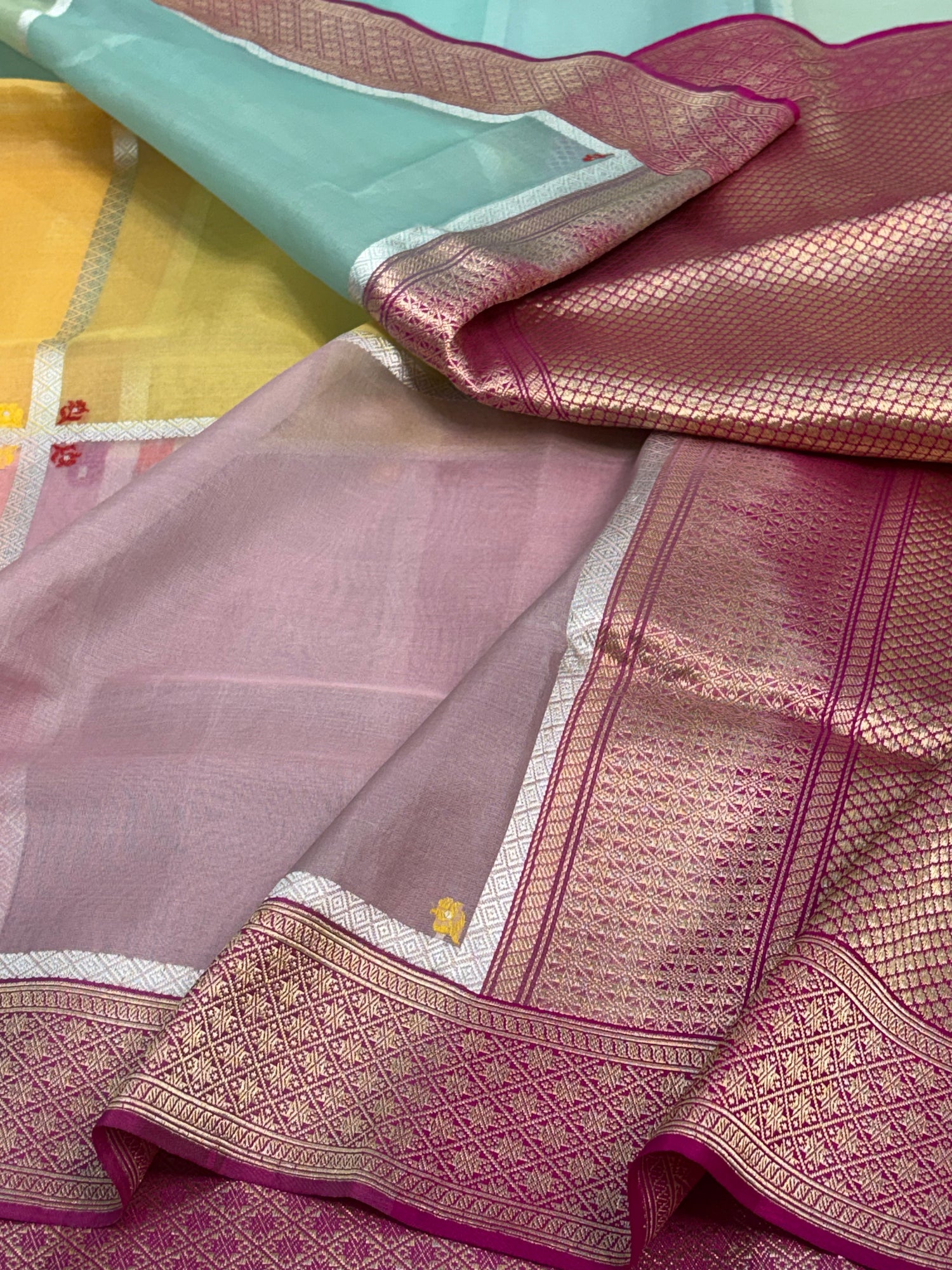 Multicolor Block Rangkat Banarasi Pure Kora Silk Saree with Katan Silk Border