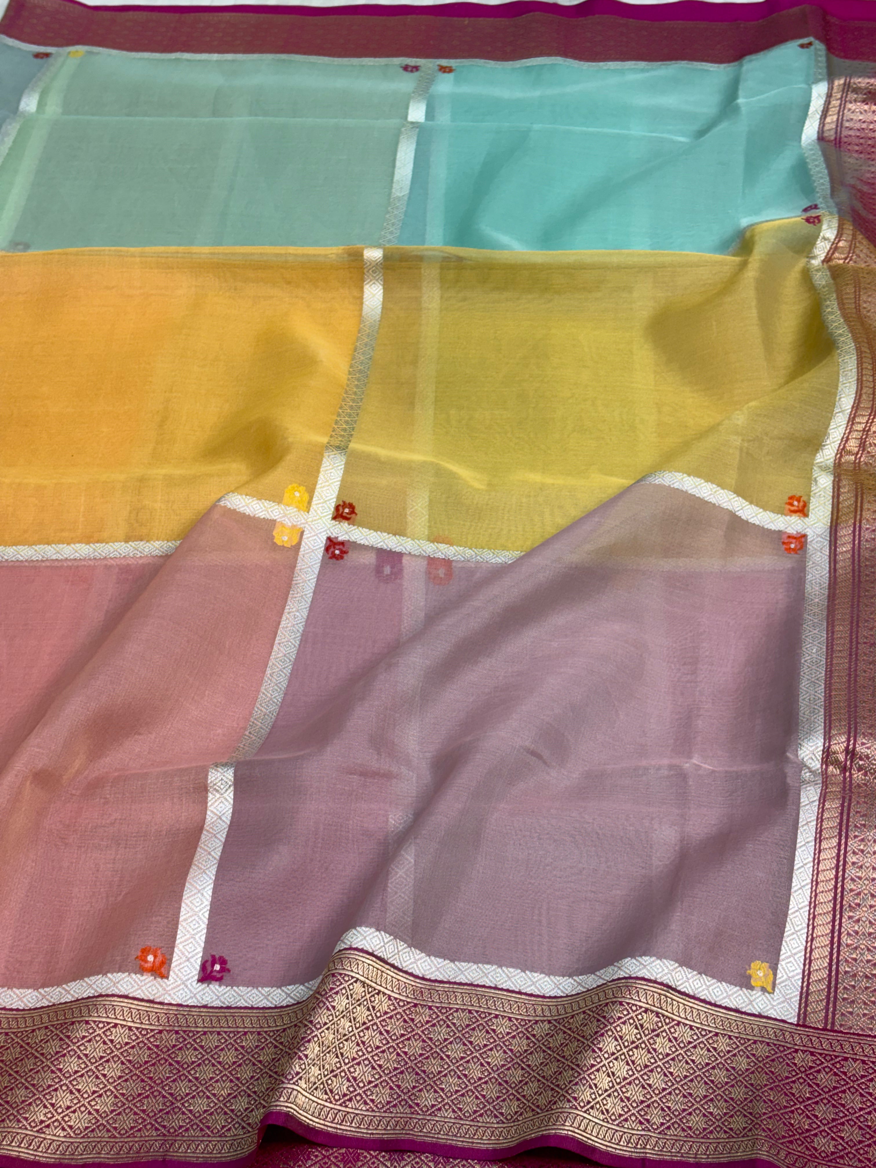 Multicolor Block Rangkat Banarasi Pure Kora Silk Saree with Katan Silk Border