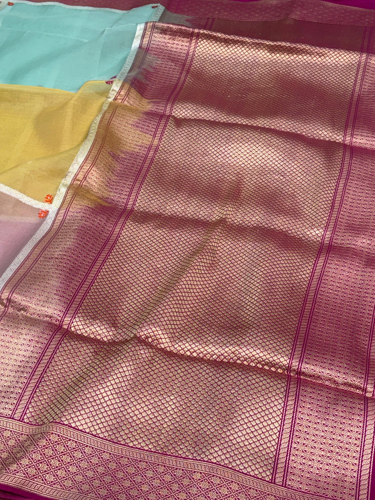 Multicolor Block Rangkat Banarasi Pure Kora Silk Saree with Katan Silk Border