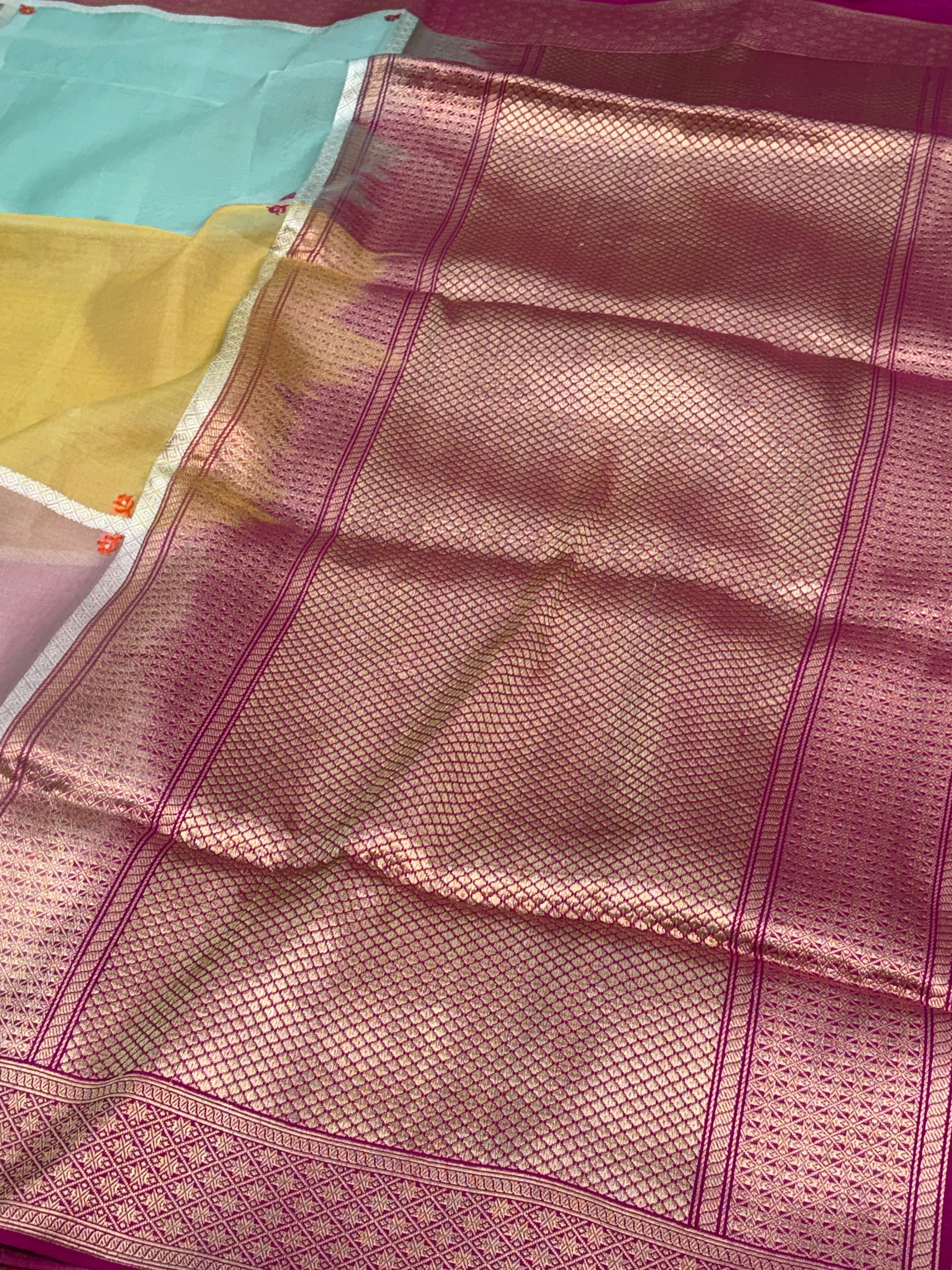 Multicolor Block Rangkat Banarasi Pure Kora Silk Saree with Katan Silk Border