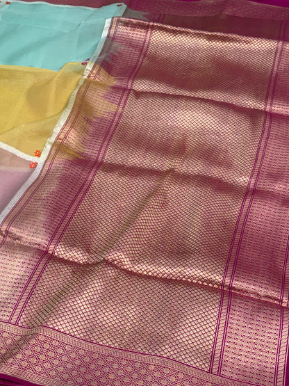 Multicolor Block Rangkat Banarasi Pure Kora Silk Saree with Katan Silk Border