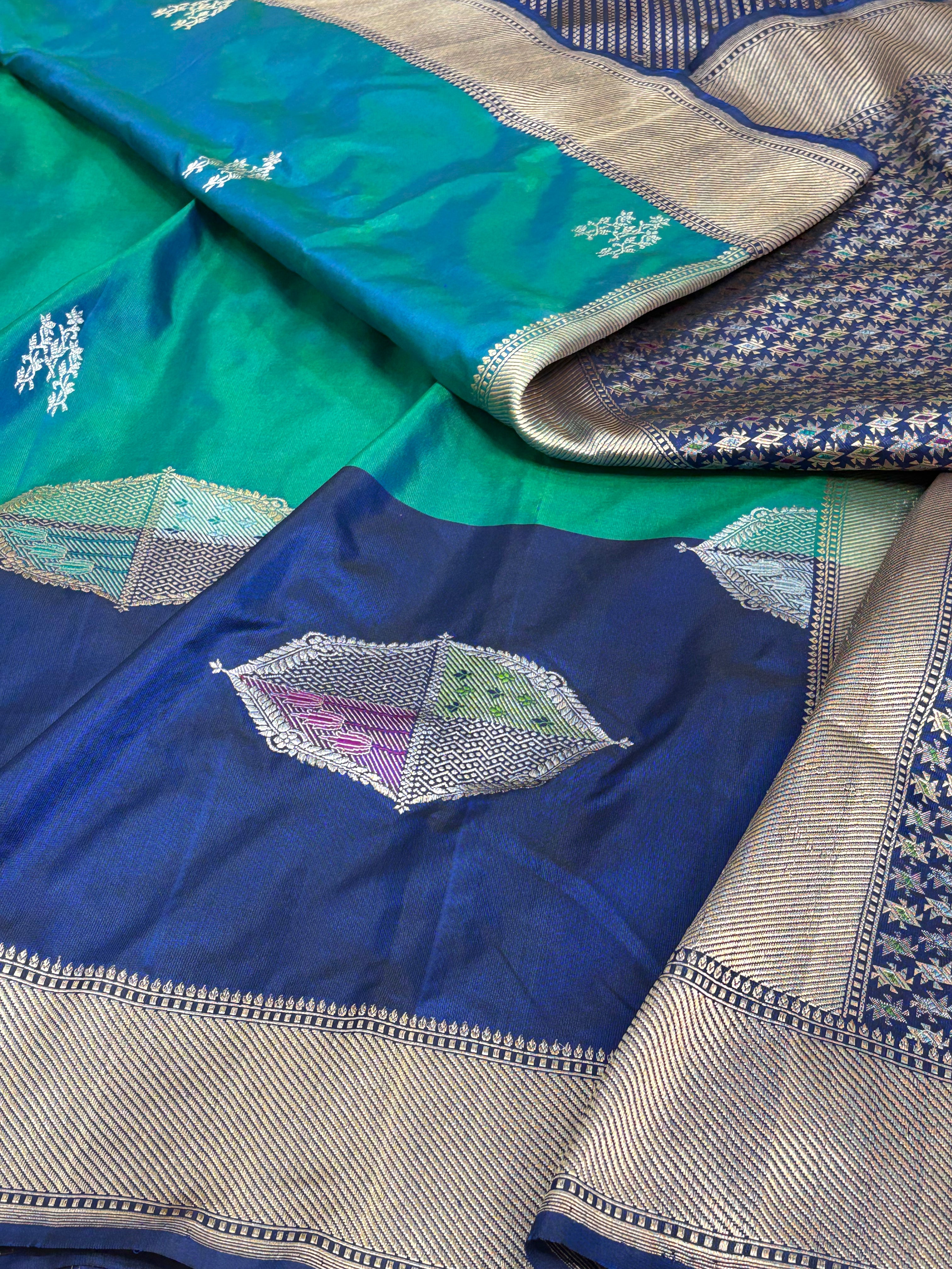 Teal Blue Pure Katan Silk Multicolor Designer Banarasi Saree with Dark Blue Border
