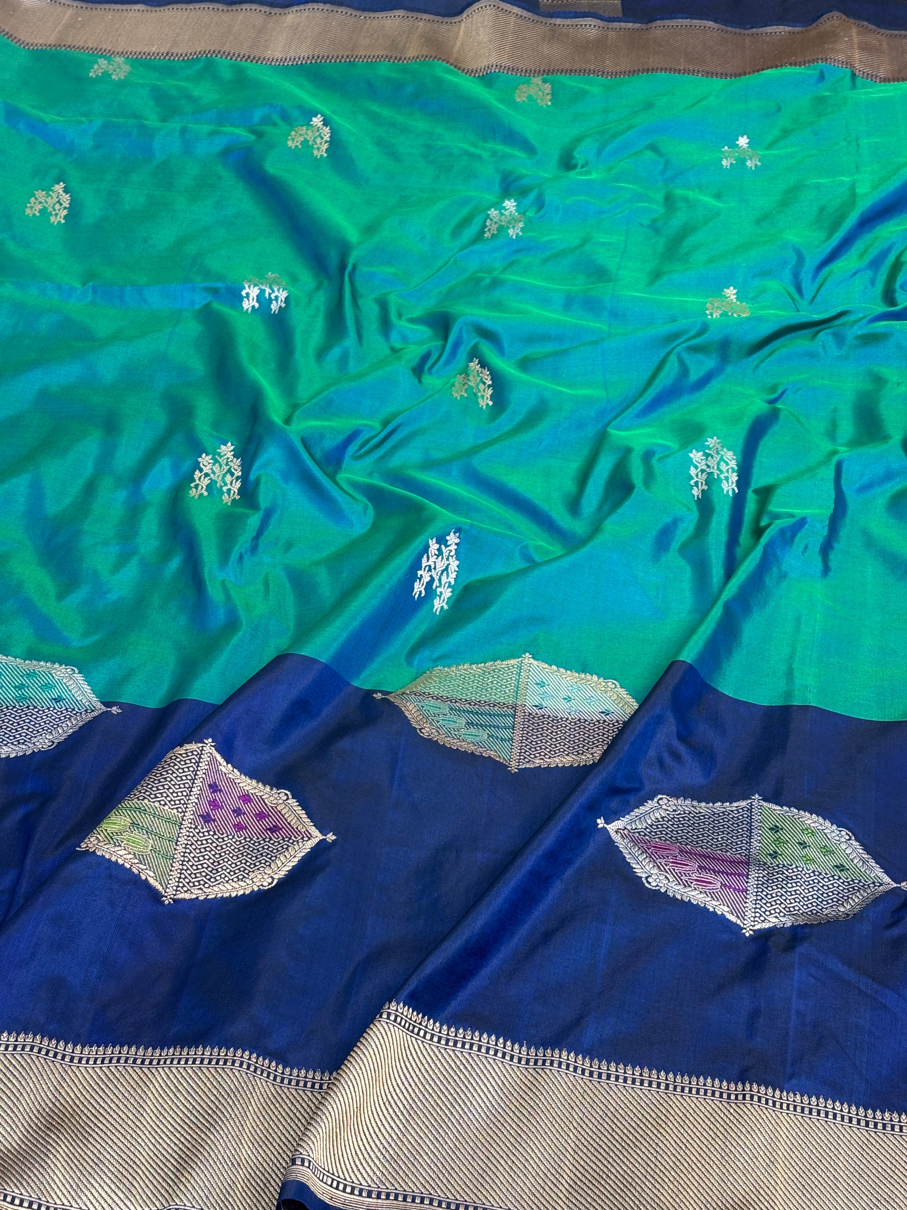 Teal Blue Pure Katan Silk Multicolor Designer Banarasi Saree with Dark Blue Border