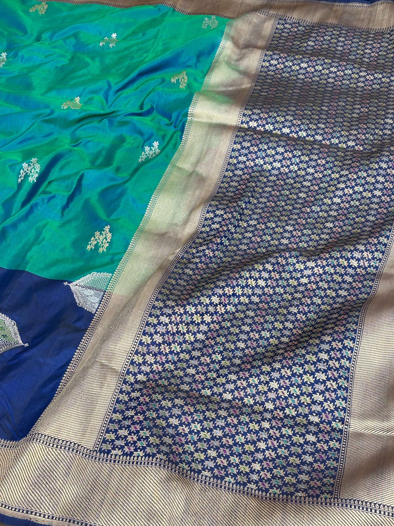 Teal Blue Pure Katan Silk Multicolor Designer Banarasi Saree with Dark Blue Border