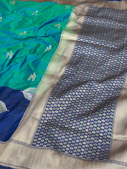 Teal Blue Pure Katan Silk Multicolor Designer Banarasi Saree with Dark Blue Border