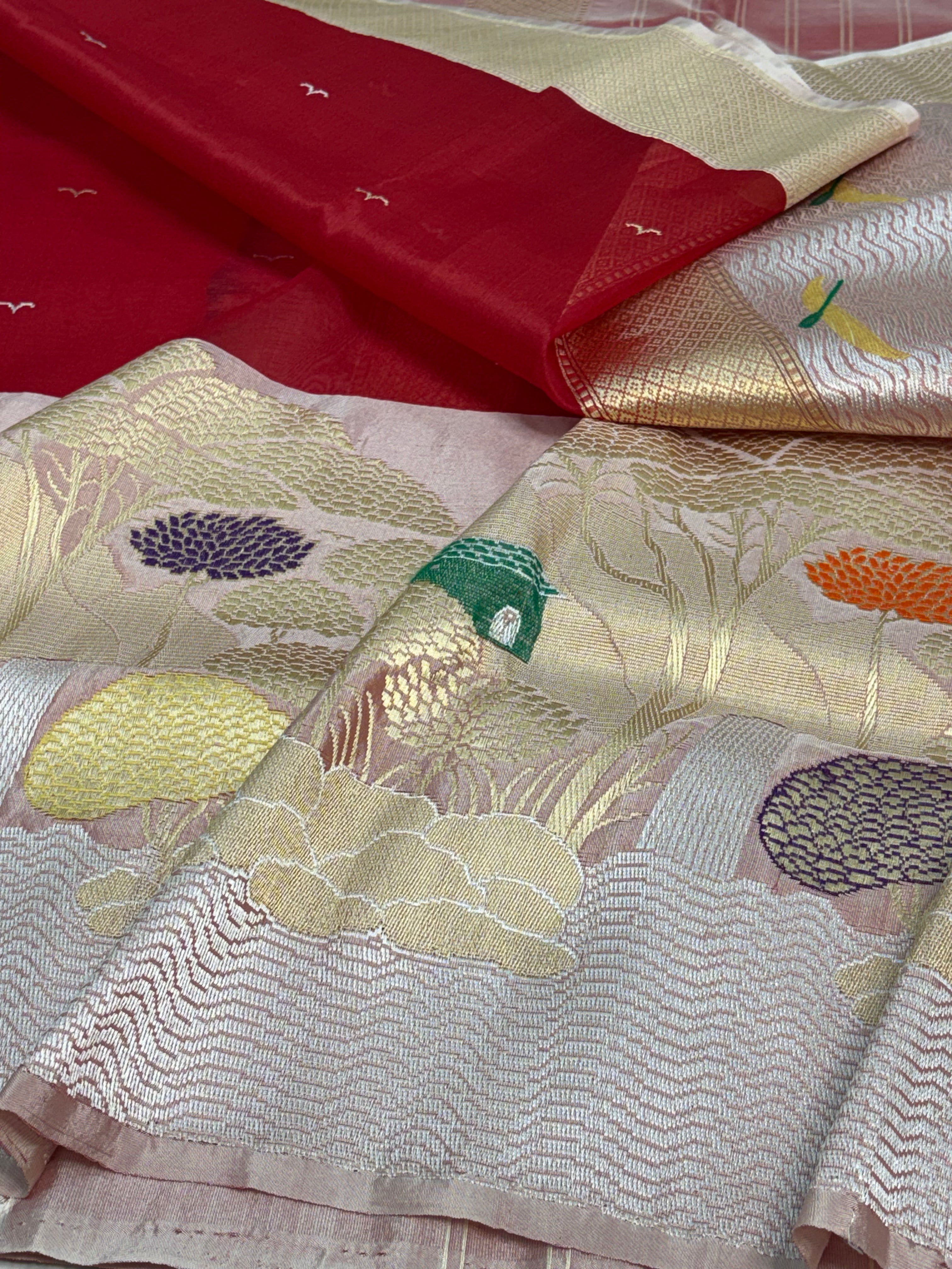 Red Pure Kora Silk Handwoven Banarasi Saree with Baby Pink Meenakari Border