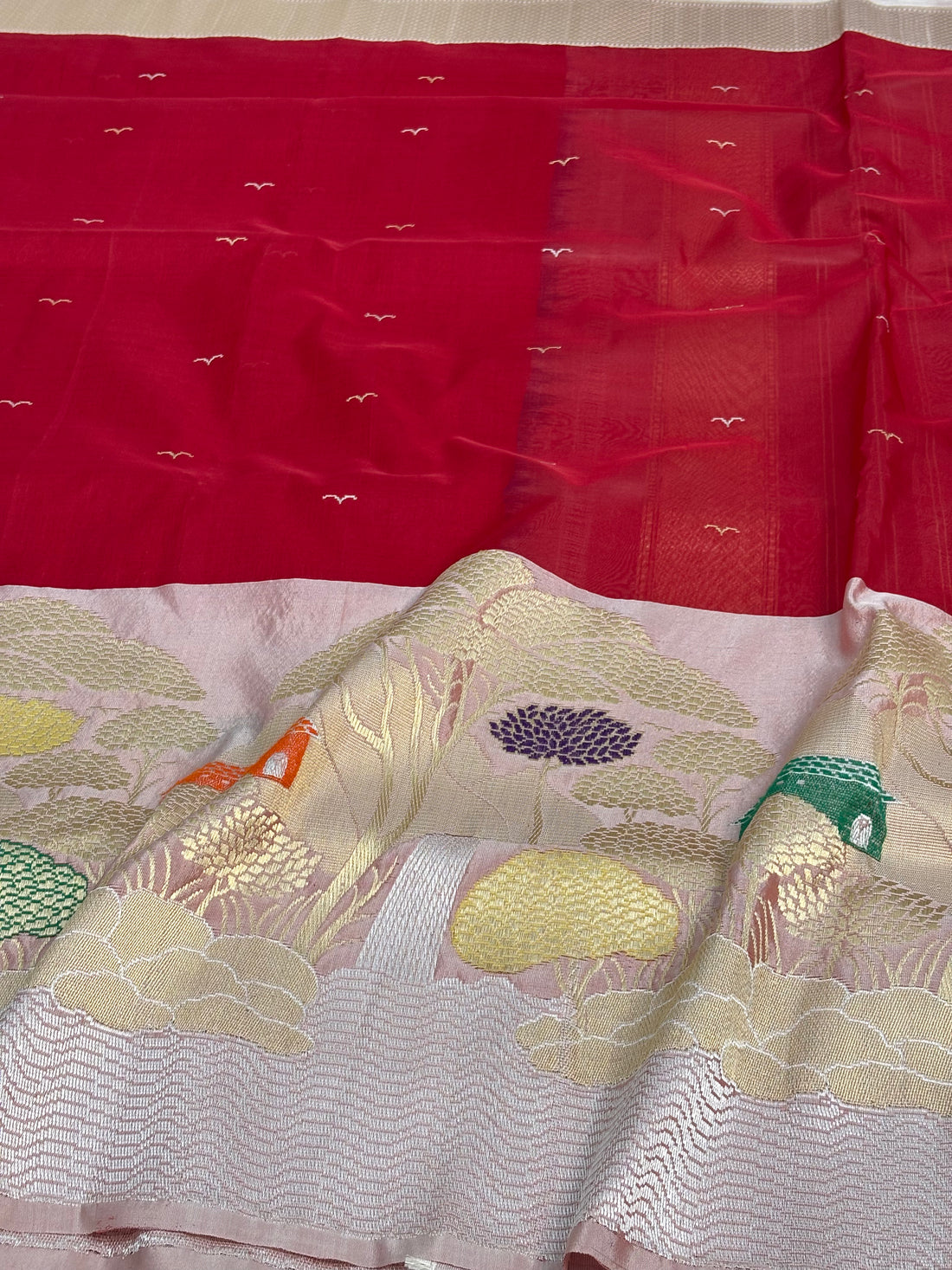 Red Pure Kora Silk Handwoven Banarasi Saree with Baby Pink Meenakari Border