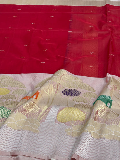 Red Pure Kora Silk Handwoven Banarasi Saree with Baby Pink Meenakari Border