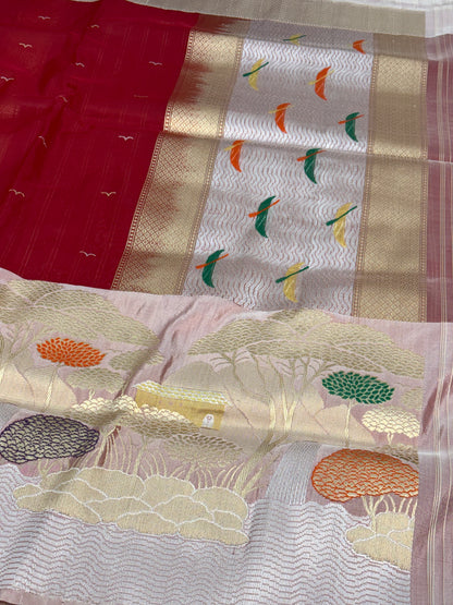 Red Pure Kora Silk Handwoven Banarasi Saree with Baby Pink Meenakari Border