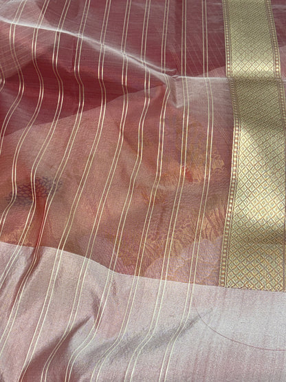 Red Pure Kora Silk Handwoven Banarasi Saree with Baby Pink Meenakari Border