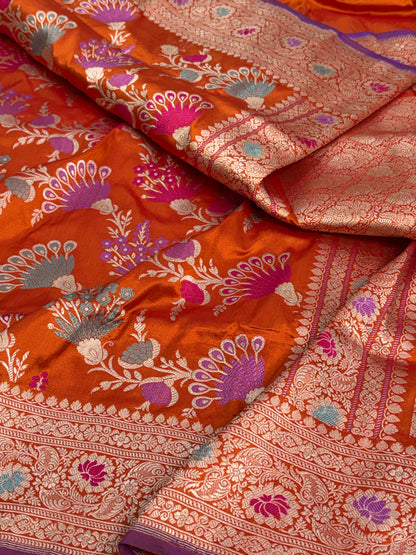 Orange Handwoven Pure Banarasi Katan Silk Saree