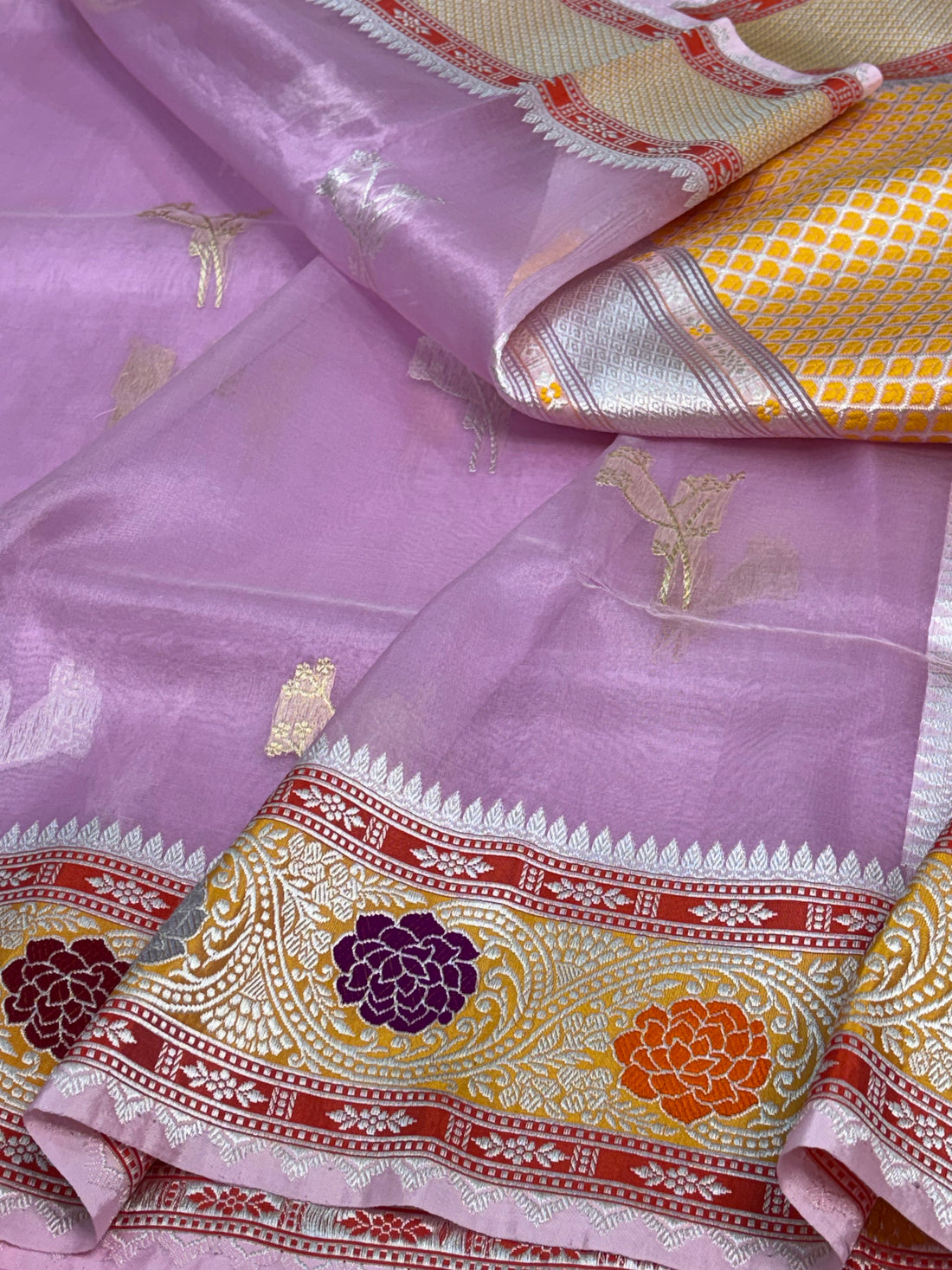 Pure Kora Handwoven Banarasi Saree with Multicolor Meenakari Satin Silk Border