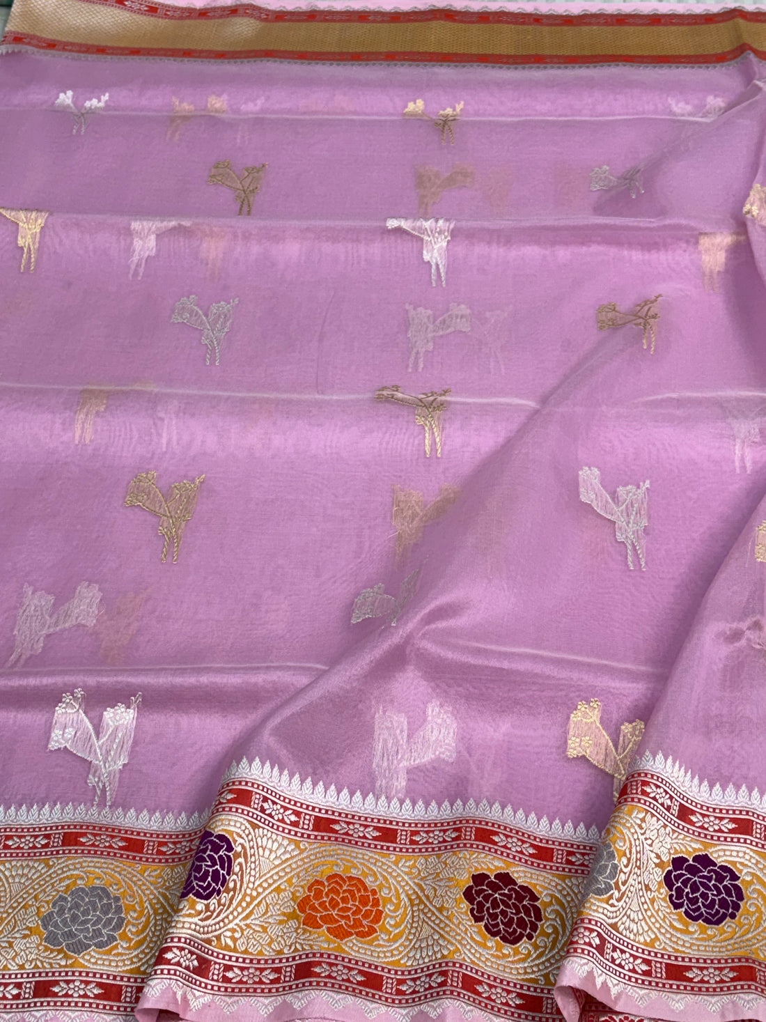 Pure Kora Handwoven Banarasi Saree with Multicolor Meenakari Satin Silk Border