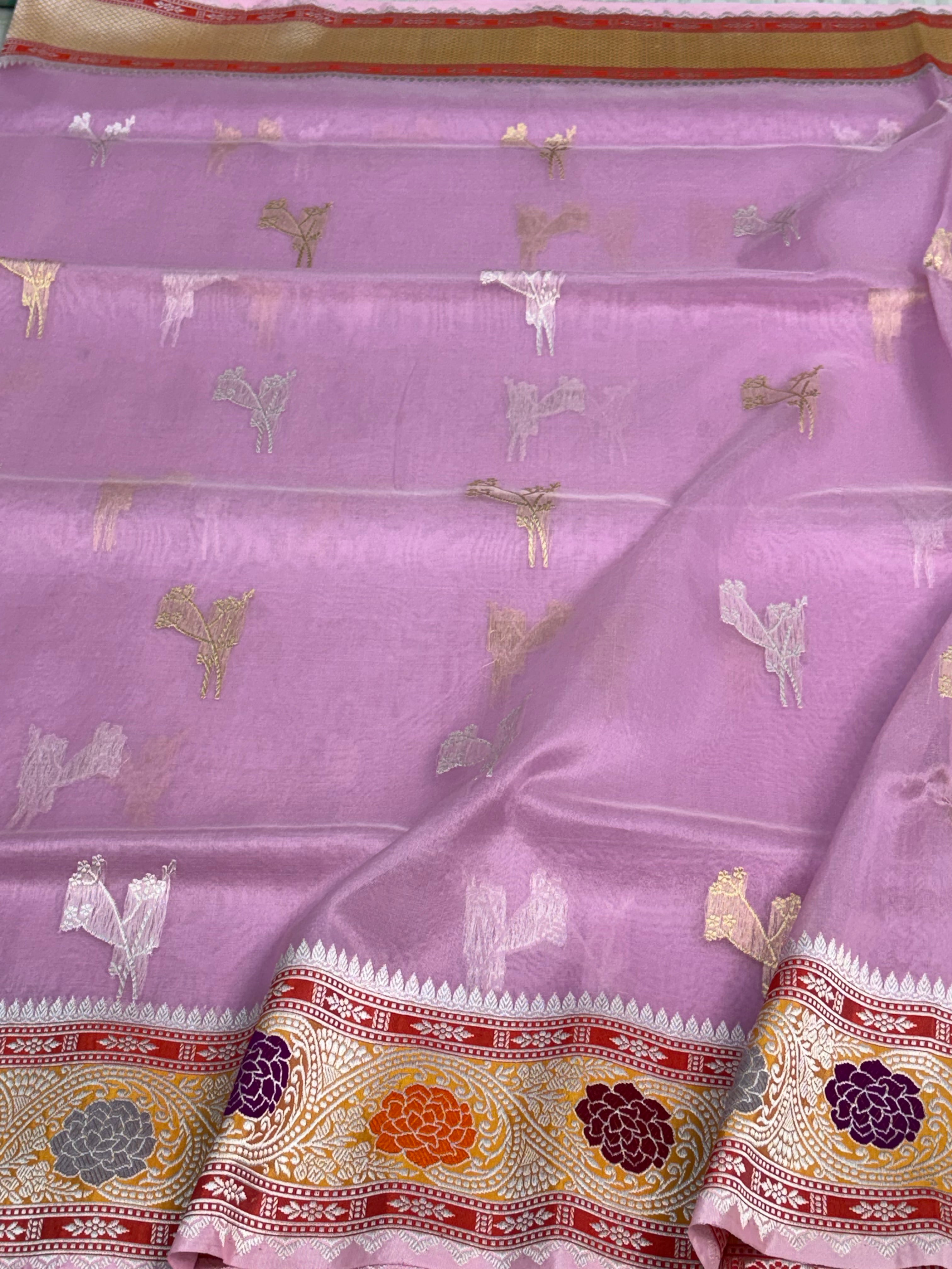 Pure Kora Handwoven Banarasi Saree with Multicolor Meenakari Satin Silk Border