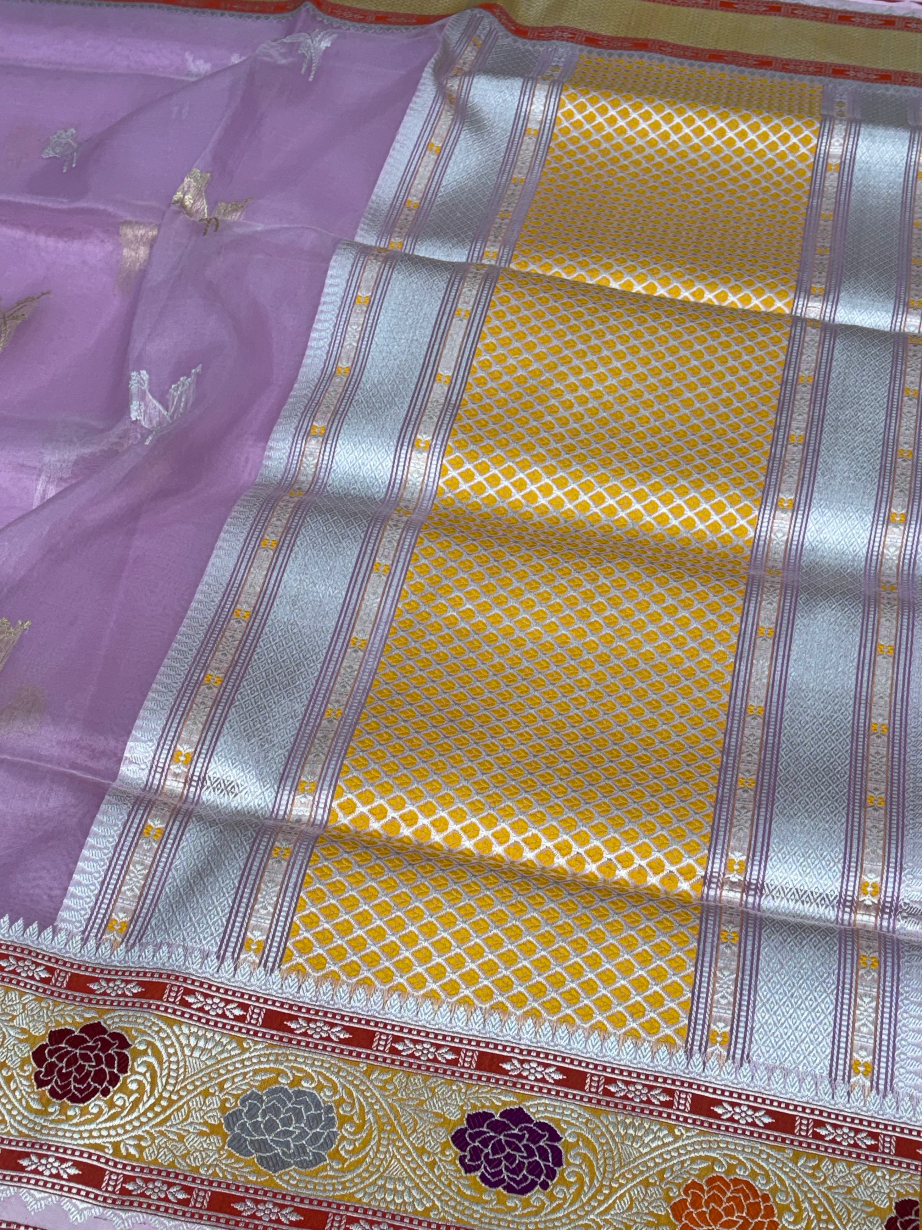 Pure Kora Handwoven Banarasi Saree with Multicolor Meenakari Satin Silk Border