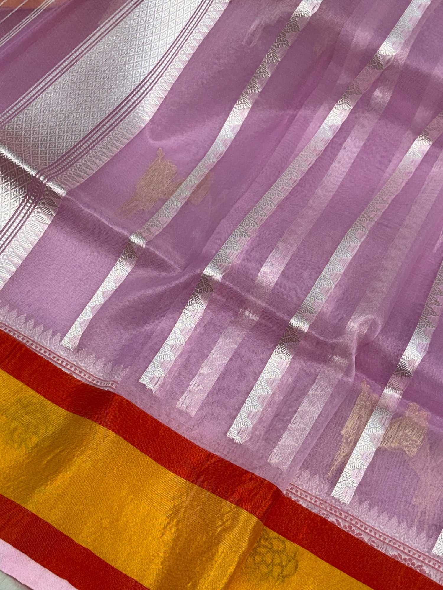 Pure Kora Handwoven Banarasi Saree with Multicolor Meenakari Satin Silk Border